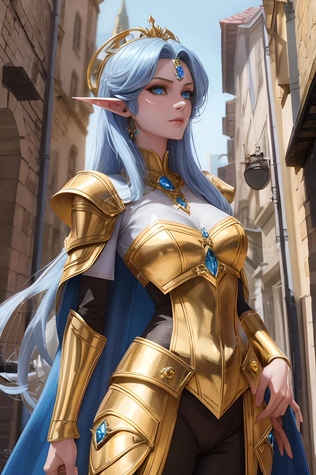 A tall and beautiful elf woman, with blue pupils, contempt in her eyes, a cold expression, a haughty posture, chest up, golden light armor all over her body, looking up camera, strolling through medieval streets.