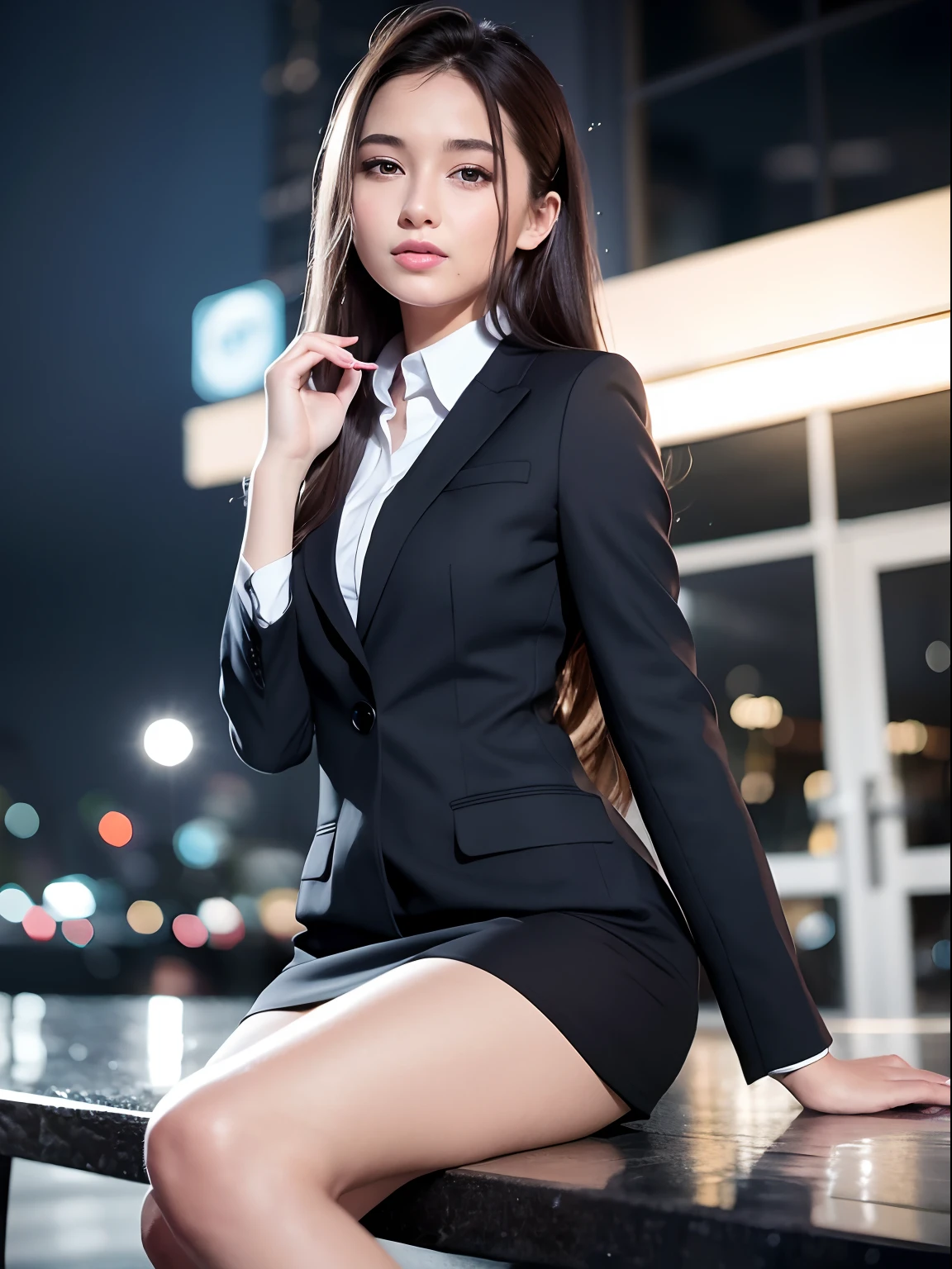 8K, best quality, masterpiece: 1.2) , super details, 1 girl, cute, independent, beautiful details sky, details cafe, night, sit down, date, (nose red) , sweet smile, (Smile: 1.15) , (shut up) small breasts, small beautiful details eyes, Turkish, (collar shirt: 1.1) , black and white business attire, night, wet, business dress, rain, long hair, brunette, flowing hair, NovaFrog style, cat,