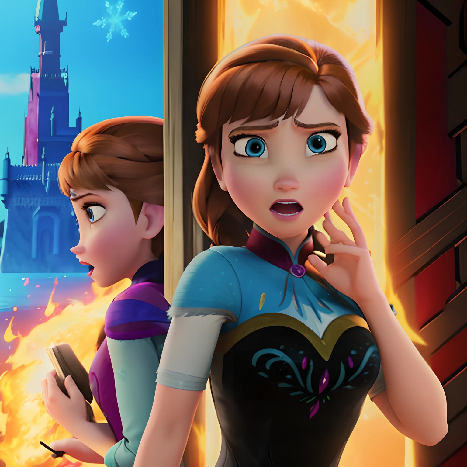 Disney Frozen 3 poster, Where anna found out that she has a fire power, with surprised faced, anna