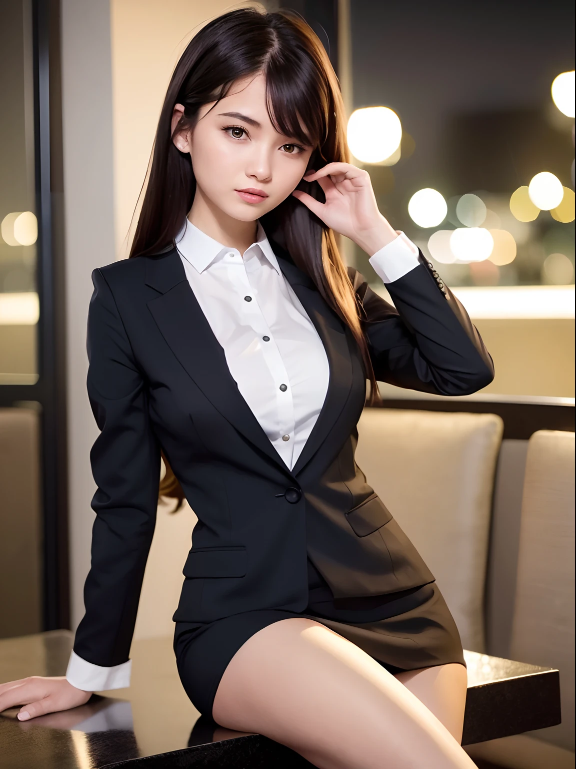 8K, best quality, masterpiece: 1.2) , super details, 1 girl, cute, independent, beautiful details sky, details cafe, night, sit down, date, (nose red) , sweet smile, (Smile: 1.15) , (shut up) small breasts, small beautiful details eyes, Turkish, (collar shirt: 1.1) , black and white business attire, night, wet, business dress, rain, long hair, brunette, flowing hair, NovaFrog style, cat,