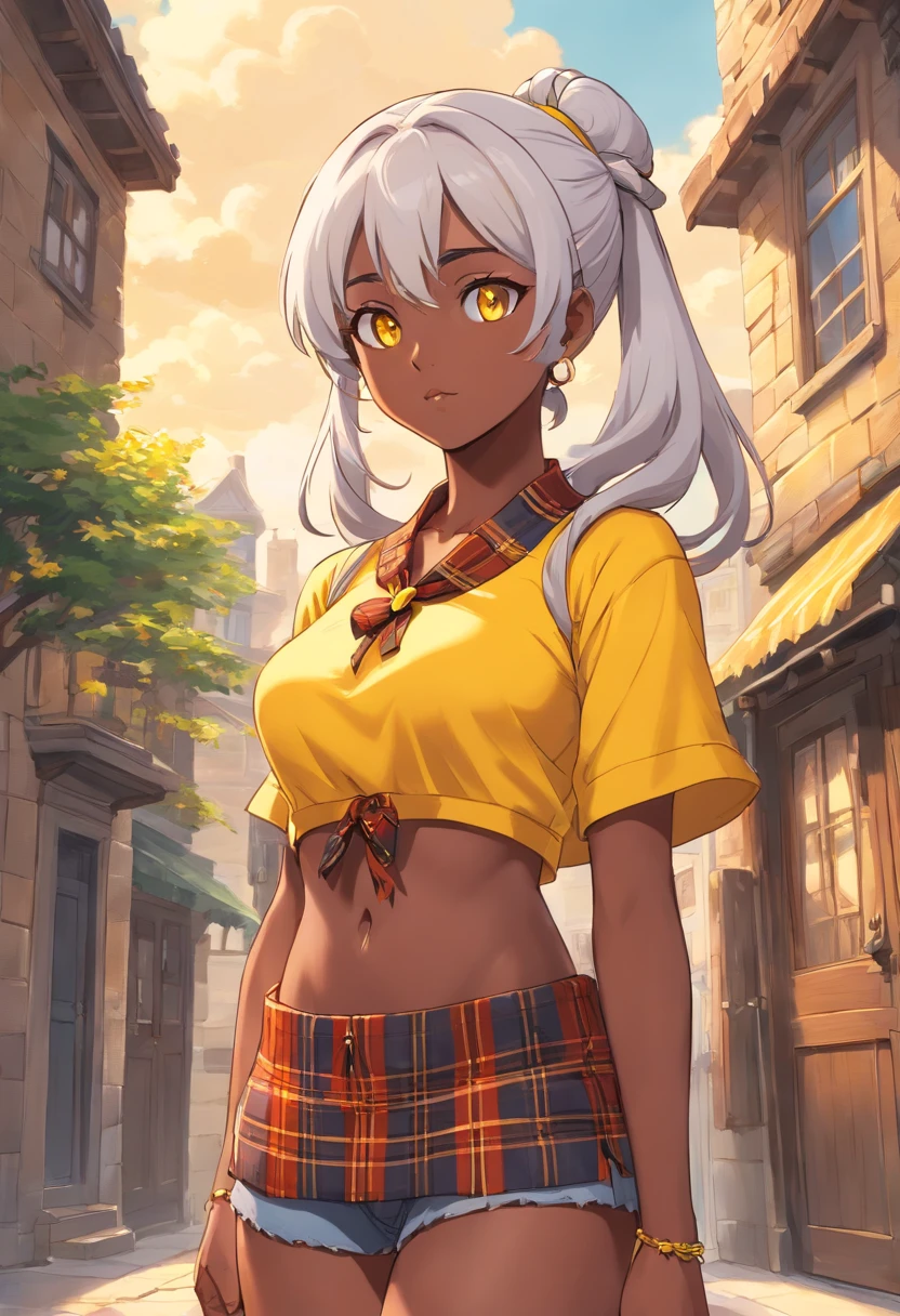 Dark-skinned Arab girl with yellow eyes, large breasts, strong, athletic, fit, great abs, white hair tied with a yellow ribbon. Wears yellow plaid shirt tied, lots of gold jewelry and navel piercing. She is standing in front of a Victorian greystone row house in Chicago.