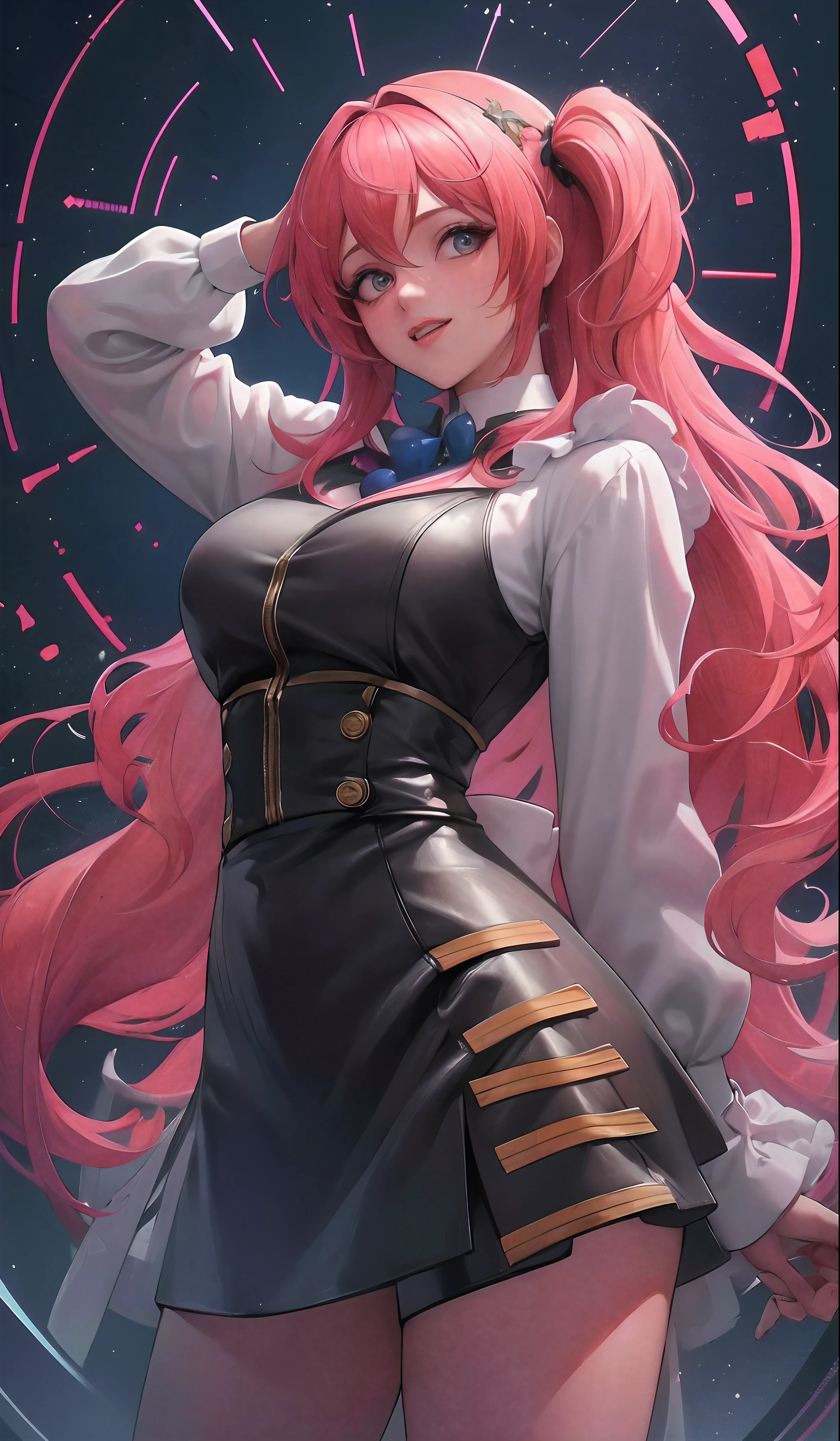 makima \(chainsaw man\), best quality, ultra detailed, 1girl, solo, standing, red hair, long braided hair, golden eyes, bangs, medium breasts, white shirt, necktie, stare, smile, (evil:1.2), looking at viewer, (interview:1.3), (dark background, chains:1.3)