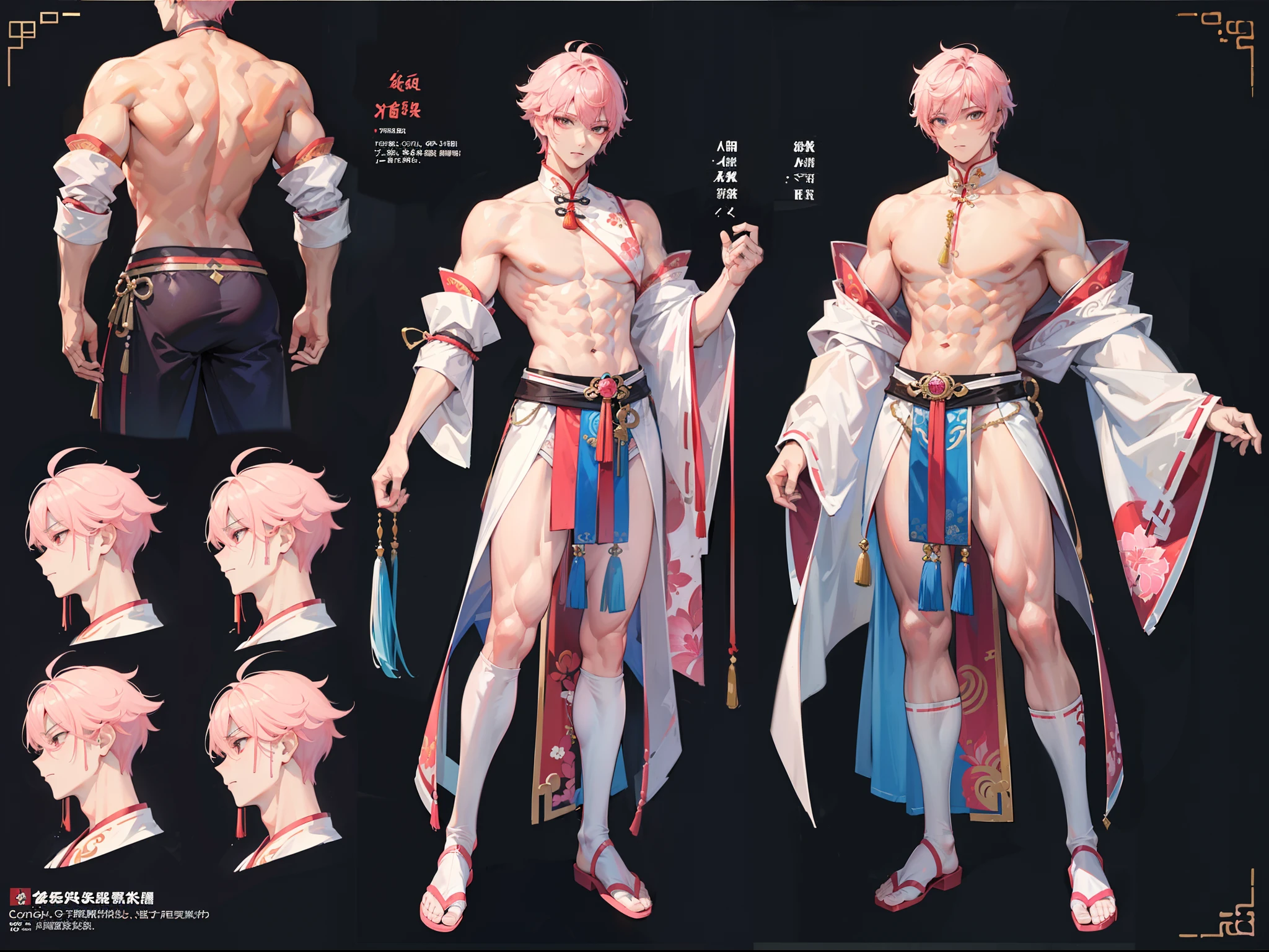 ((Masterpiece, Highest quality)), Male, boy, Detailed face, character design sheet,full body esbian, Full of details, frontal body view, back body view, Highly detailed, Depth, Many parts, Muscle boy with pink hair,handsome man, Traditional chinese clothes, Genshin Impact, man tall, pectoral muscles, abs