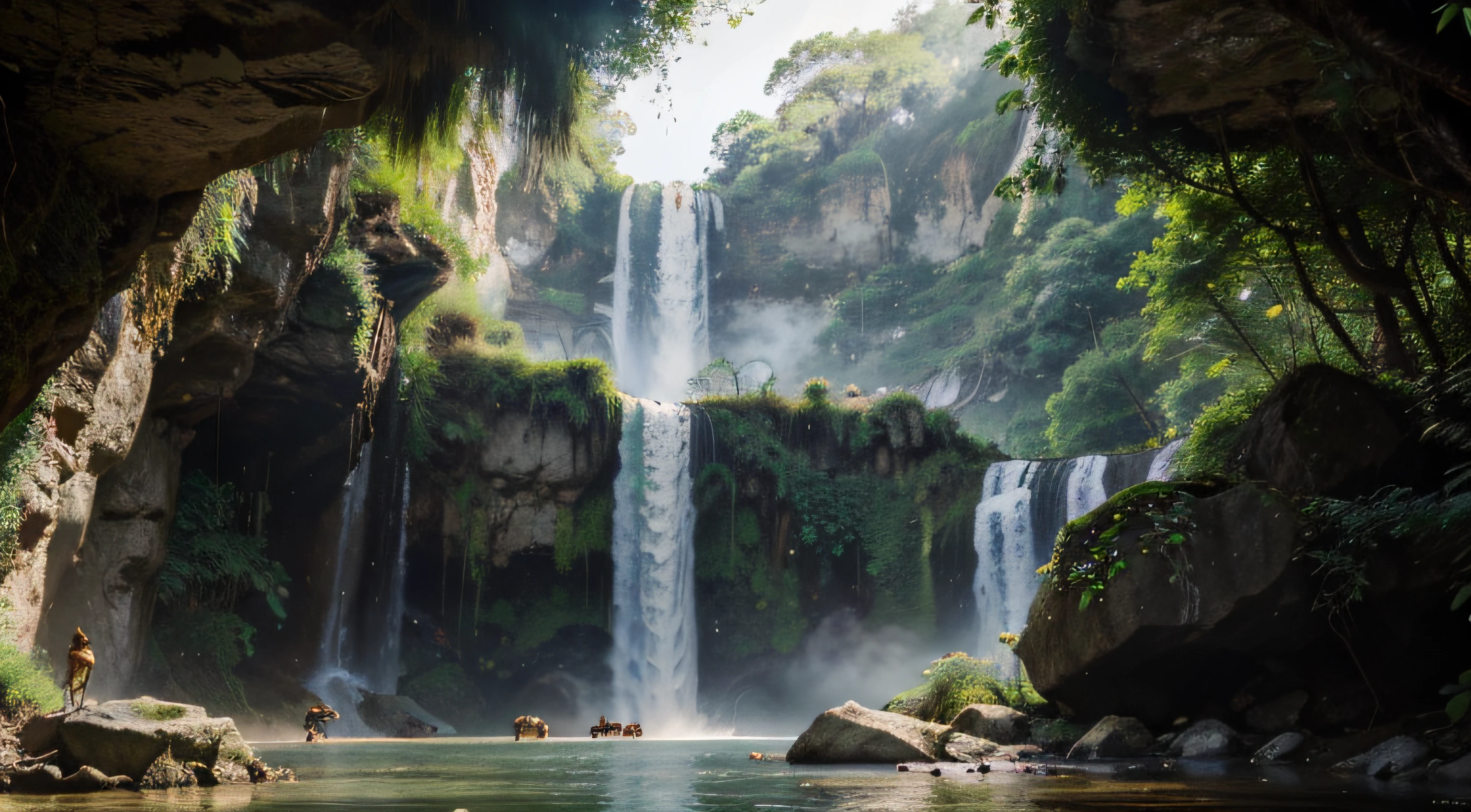 Chinese ancient times, spring, jungle, lake, cave, waterfall, tree, meadow, rock, deer, hot spring, water vapor, epic composition, realistic lighting, HD details, masterpiece, best quality, (very detailed )