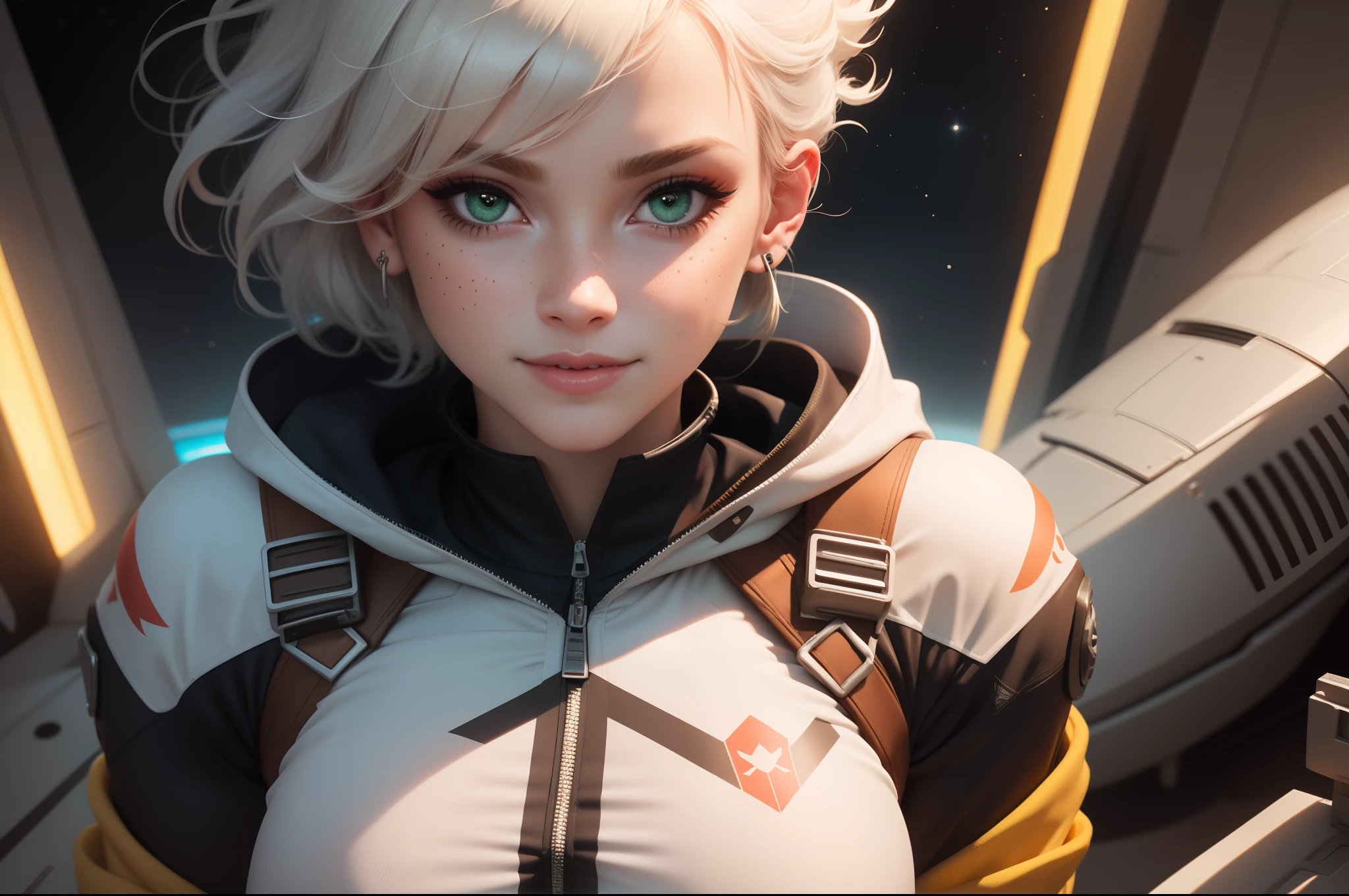 gwen tennyson,ryuuko matoi,y'shtola rhul,tracer,atelier ryza,overwatch,close up,mecha pilot,space port,tattoos,orange and silver plugsuit,white short sleeve lycra top,steel cargo pants,uncovered belly,short hair,cute makeup,green eyes,dimensional golden hair,shy smile,freckles,beautiful girl,large breasts,8k,ultra detailed,realistic,fantasy art,saiyan armor,cyborg armor,steel armor,space ship,pilot uniform,ear piercings,hair pin,super saiyan girl,saiyan female,pilot jacket,