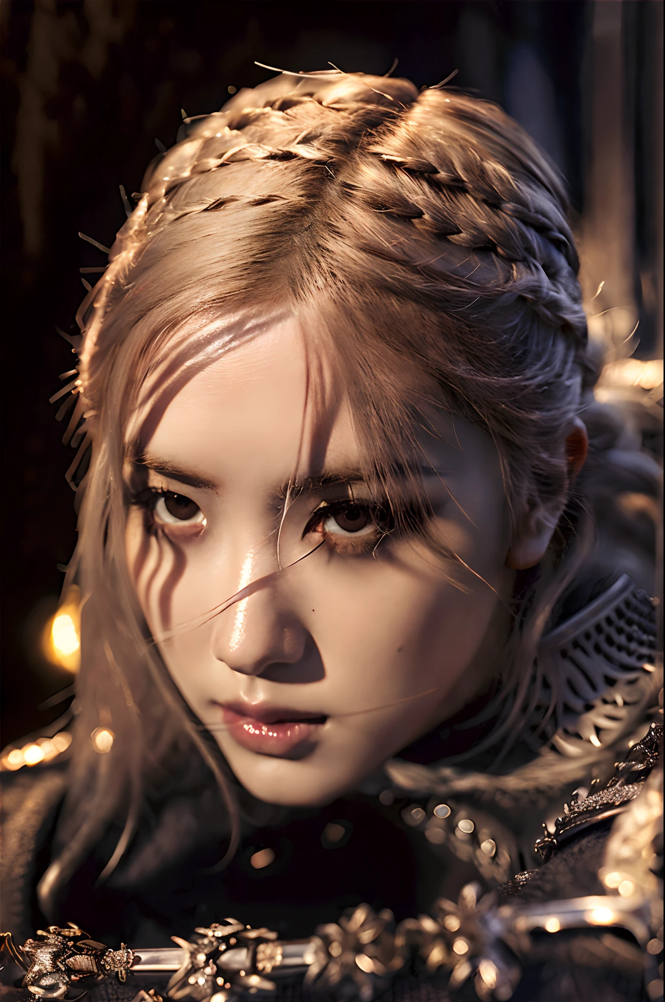 (best quality,4k,8k,highres,masterpiece:1.2),ultra-detailed,(realistic,photorealistic,photo-realistic:1.37), Masterpiece, best quality, realistic, 1 girl, armor, sword in hand,beautiful detailed eyes, beautiful detailed lips, extremely detailed eyes and face, blonde hair, blood on sword