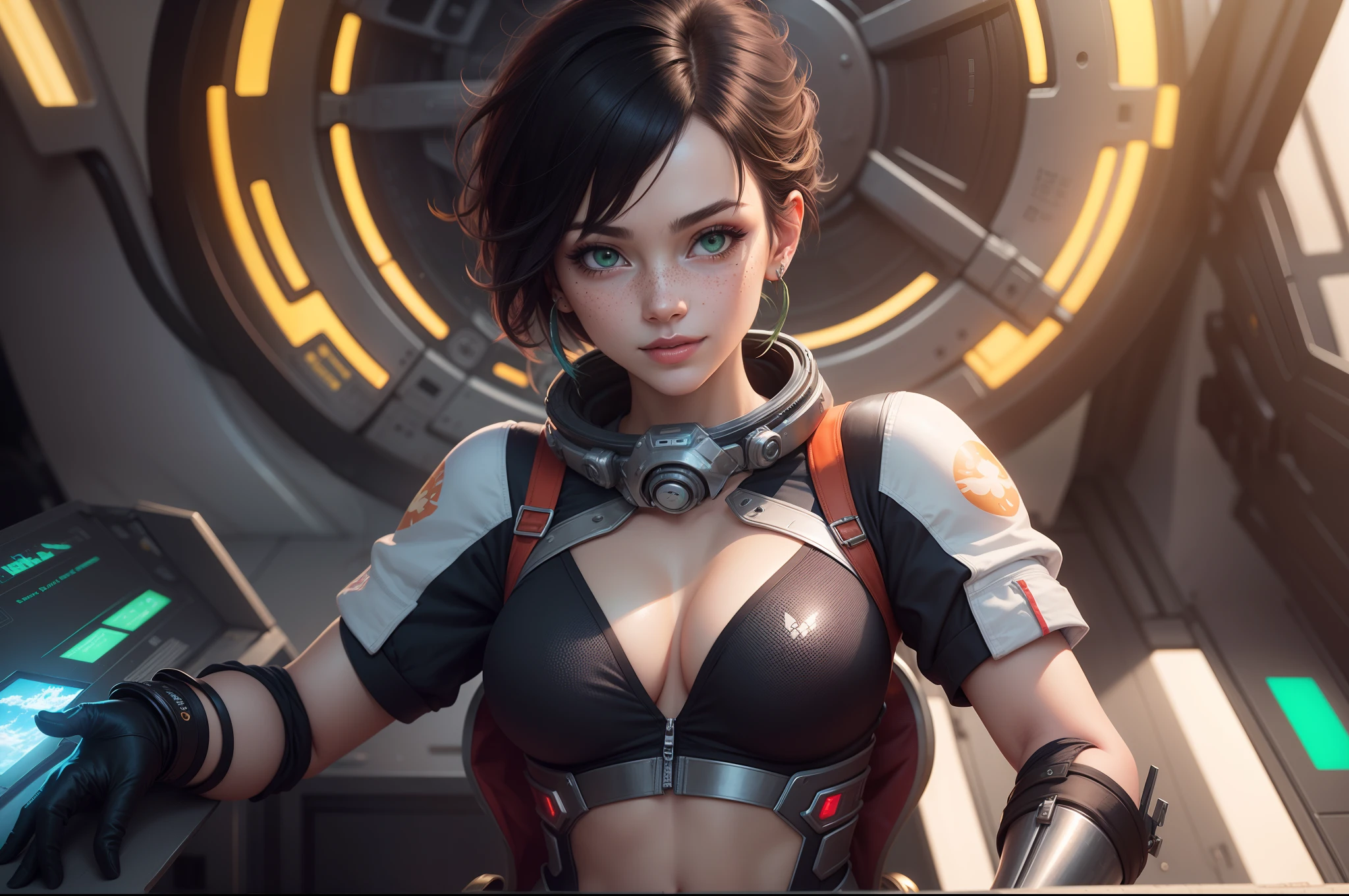 gwen tennyson,ryuuko matoi,y'shtola rhul,tracer,atelier ryza,overwatch,close up,mecha pilot,space port,tattoos,orange and silver plugsuit,white short sleeve lycra top,steel cargo pants,uncovered belly,short hair,cute makeup,green eyes,dimensional golden hair,shy smile,freckles,beautiful girl,large breasts,8k,ultra detailed,realistic,fantasy art,saiyan armor,cyborg armor,steel armor,space ship,pilot uniform,ear piercings,hair pin,super saiyan girl,saiyan female,pilot jacket,
