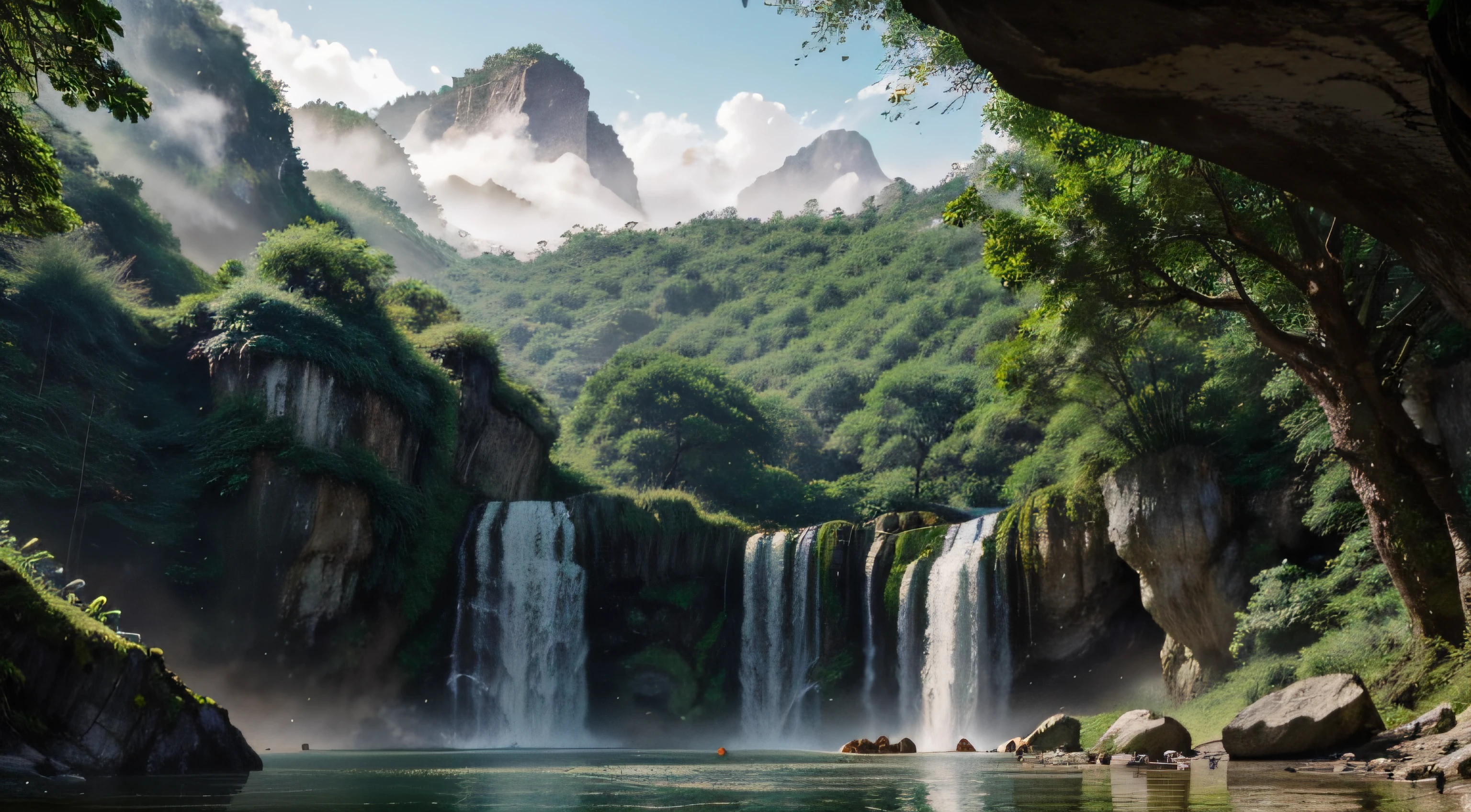 Chinese ancient times, spring, jungle, lake, cave, waterfall, tree, meadow, rock, deer, hot spring, water vapor, epic composition, realistic lighting, HD details, masterpiece, best quality, (very detailed )
