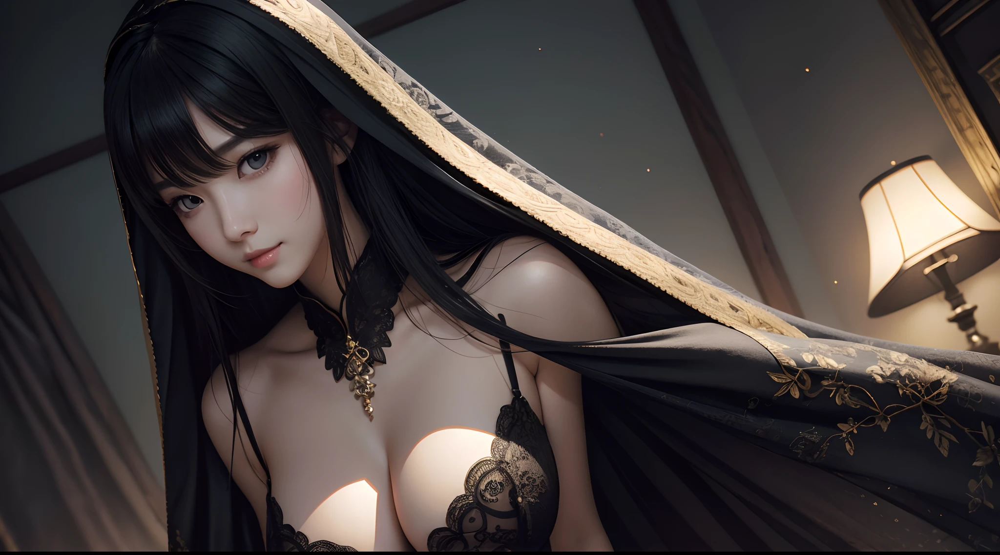 (Hyper-realistic) , (illustratio), (Increase the resolution), (8K), (extremely detaile), (Most Best Illustration), (美丽细致的眼睛), (best qualtiy), (ultra - detailed), (tmasterpiece), ( the wallpaper), (详细的脸), full bodyesbian,1个Giant Breast Girl, 1 hand grasps the chest,looking at viewert, exquisite detailing, 详细的脸, cropped shoulders,in the darkness nigth, deep shading, low tune,pureerosfaceace_V1, ssmile,long whitr hair,Black shawl straight hair,46 points oblique bangs