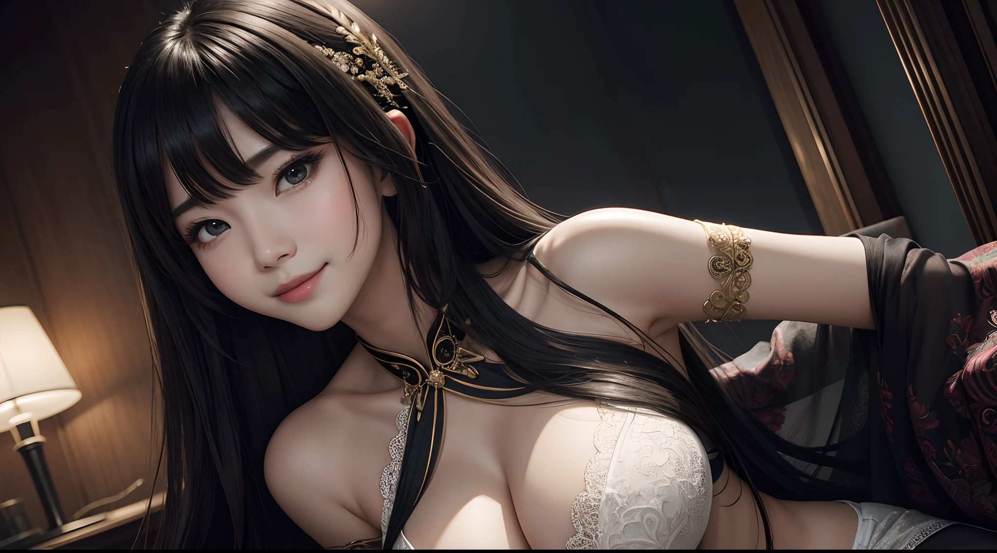 (Hyper-realistic) , (illustratio), (Increase the resolution), (8K), (extremely detaile), (Most Best Illustration), (美丽细致的眼睛), (best qualtiy), (ultra - detailed), (tmasterpiece), ( the wallpaper), (详细的脸), full bodyesbian,1个Giant Breast Girl, 1 hand grasps the chest,Smile,looking at viewert, exquisite detailing, 详细的脸, cropped shoulders,in the darkness nigth, deep shading, low tune,pureerosfaceace_V1, ssmile,long whitr hair,Black shawl straight hair,46 points oblique bangs