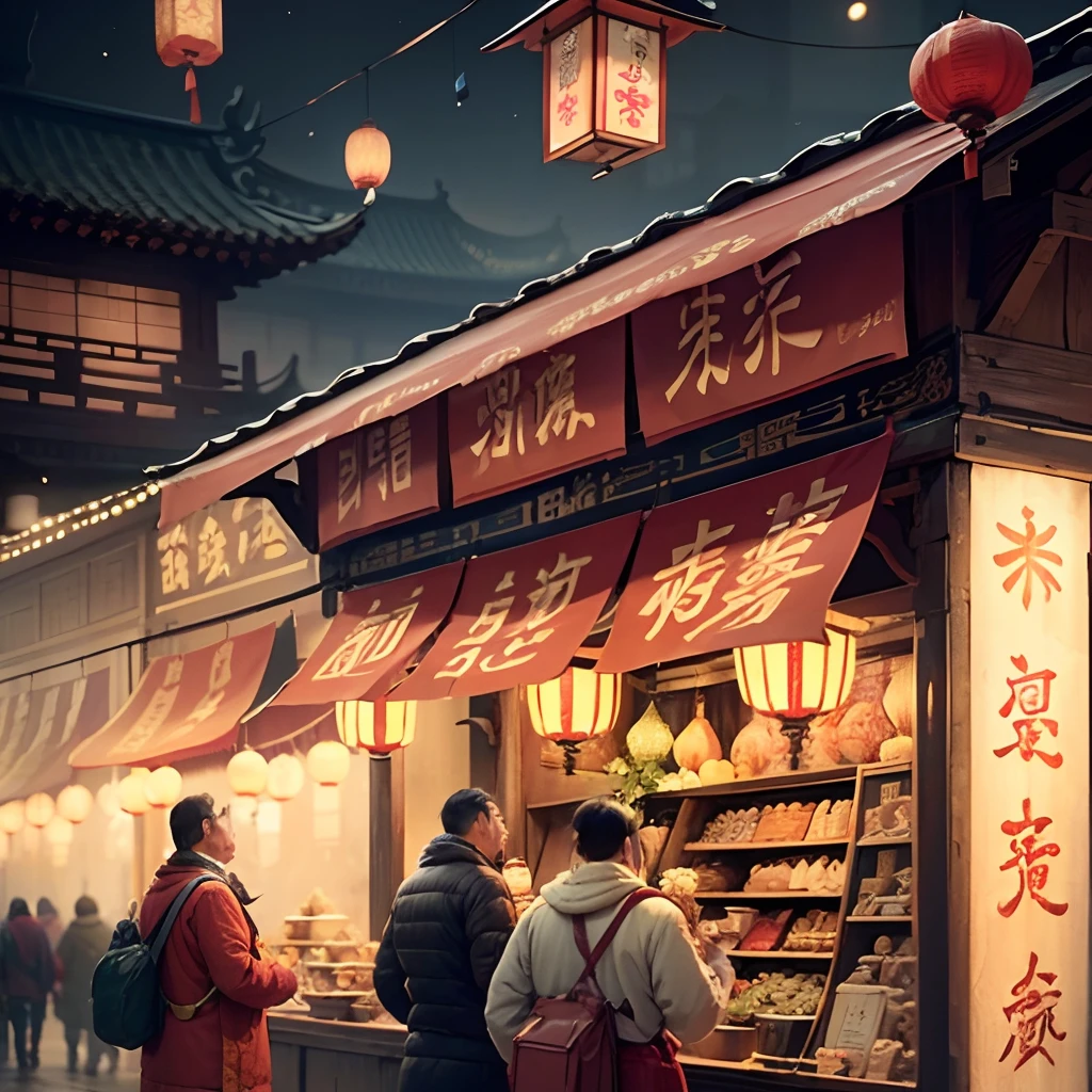 Illustrations, with a traditional Chinese architectural background and a strong festive atmosphere, featuring lanterns and colorful decorations, and vendors shouting loudly. People's faces exude a sense of holiday compatibility and a festive atmosphere --auto --s2