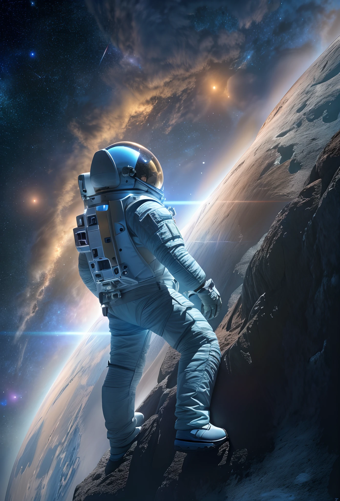 (close-up,Best quality,4K,8K,A high resolution,Masterpiece:1.2),Ultra-detailed,(Realistic,Photorealistic,photo-realistic:1.37),Exotic dreamy landscape, (Distant planetary sky, A man wearing a blue spacesuit made of cutting-edge technology of the future, Close-up of climbing cliffs on Mars: 1.5), Ringed planets floating in the sky,illustration, bright and shining stars, Stunning galactic background,A feeling of mystery and tranquility,Magical atmosphere, A happy and peaceful scene,Surreal and ethereal colors,Textured landscape,Otherworldly environment, Magnificent view,Hazy and mysterious atmosphere,Dramatic lighting and shadows, Unique rock formations,A thrilling sense of adventure,Awe-inspiring natural wonders, Grandeur and sense of scale, Endless exploration possibilities,spacesuit,DonMPl4sm4T3chXL,(Chinese high-tech spacesuit,High-detail spacesuit,China's next generation of astronauts)