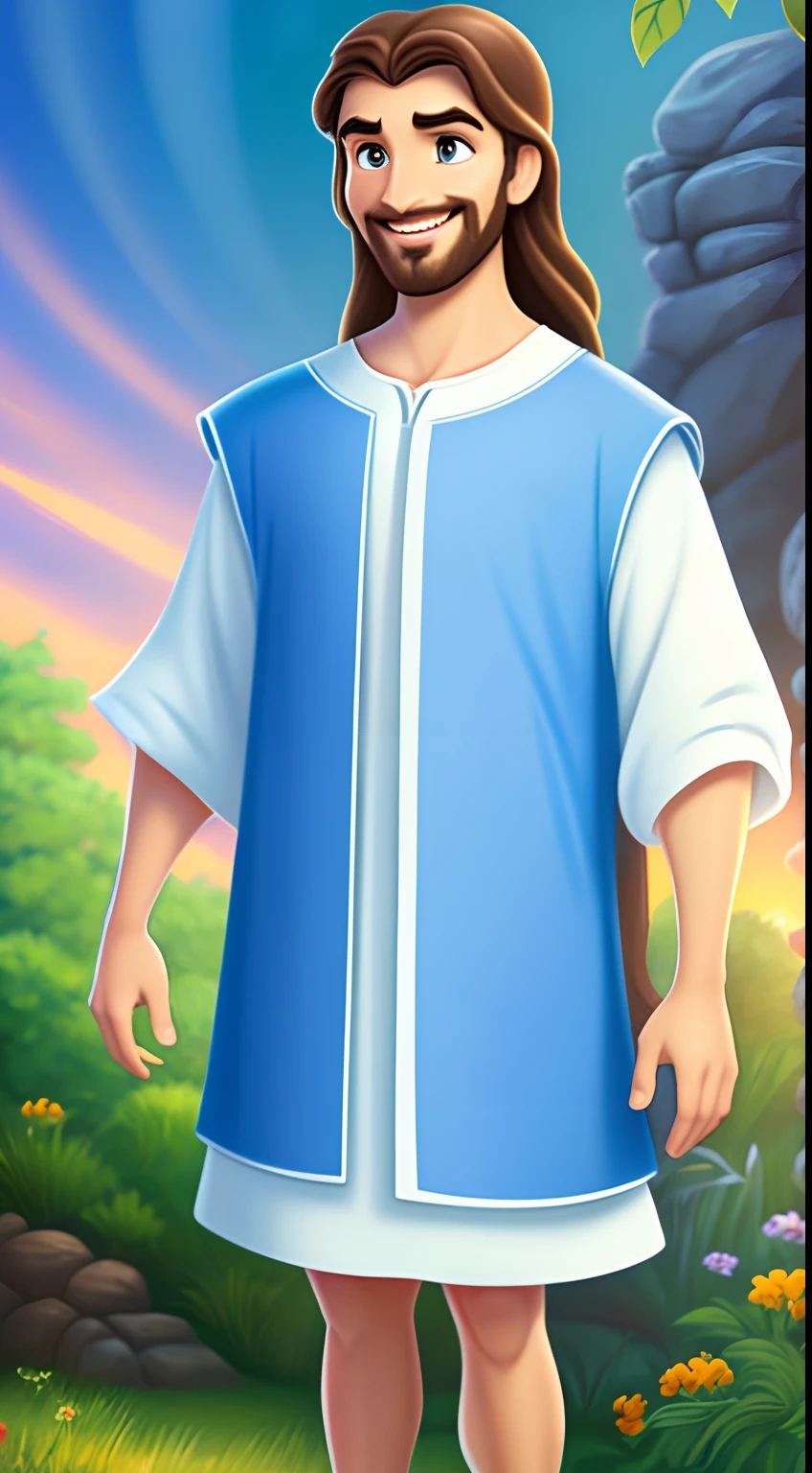 Original art quality, full body picture, Disney character animation style, young and handsome Jesus God, standing posture, hands naturally placed on both sides, looking ahead, gentle expression and smiling, eyes full of light, background light blue, translucent, with light as the theme, the focus of light is on the characters, the overall picture is fresh and bright.