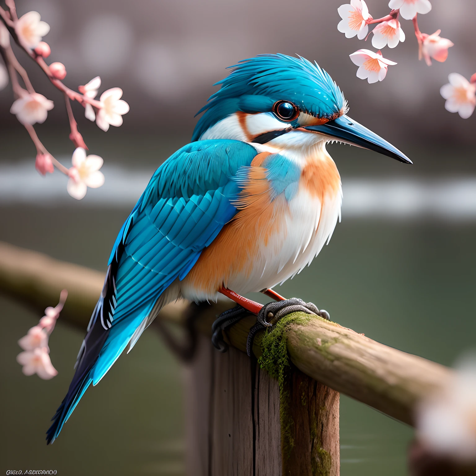 Superb Kingfisher Near White Cherry Blossoms on Branches, Dark, Dawn, (Cold Morning: 1.1), (Morning Dew: 1.15), Realistic Photography, (Low Photo: 1.2), Detail, 8K, Intricate Folded Feathers, Water Droplets on Feathers, (to8contrast style), (MIST: 0.7), Bright Colors, Sony a6600 Mirrorless Camera, embellish2 --v 6