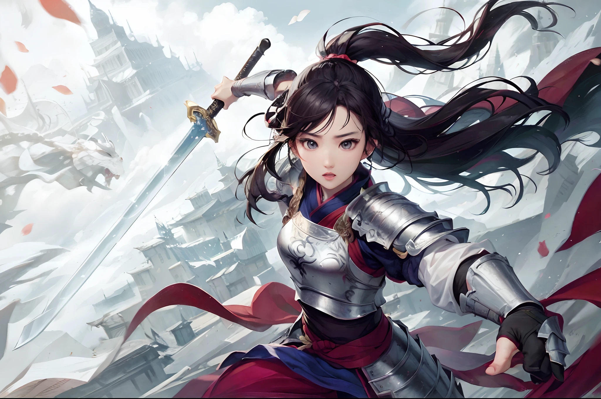 absurdres, highres, liuyifei wear armor, raise sword.