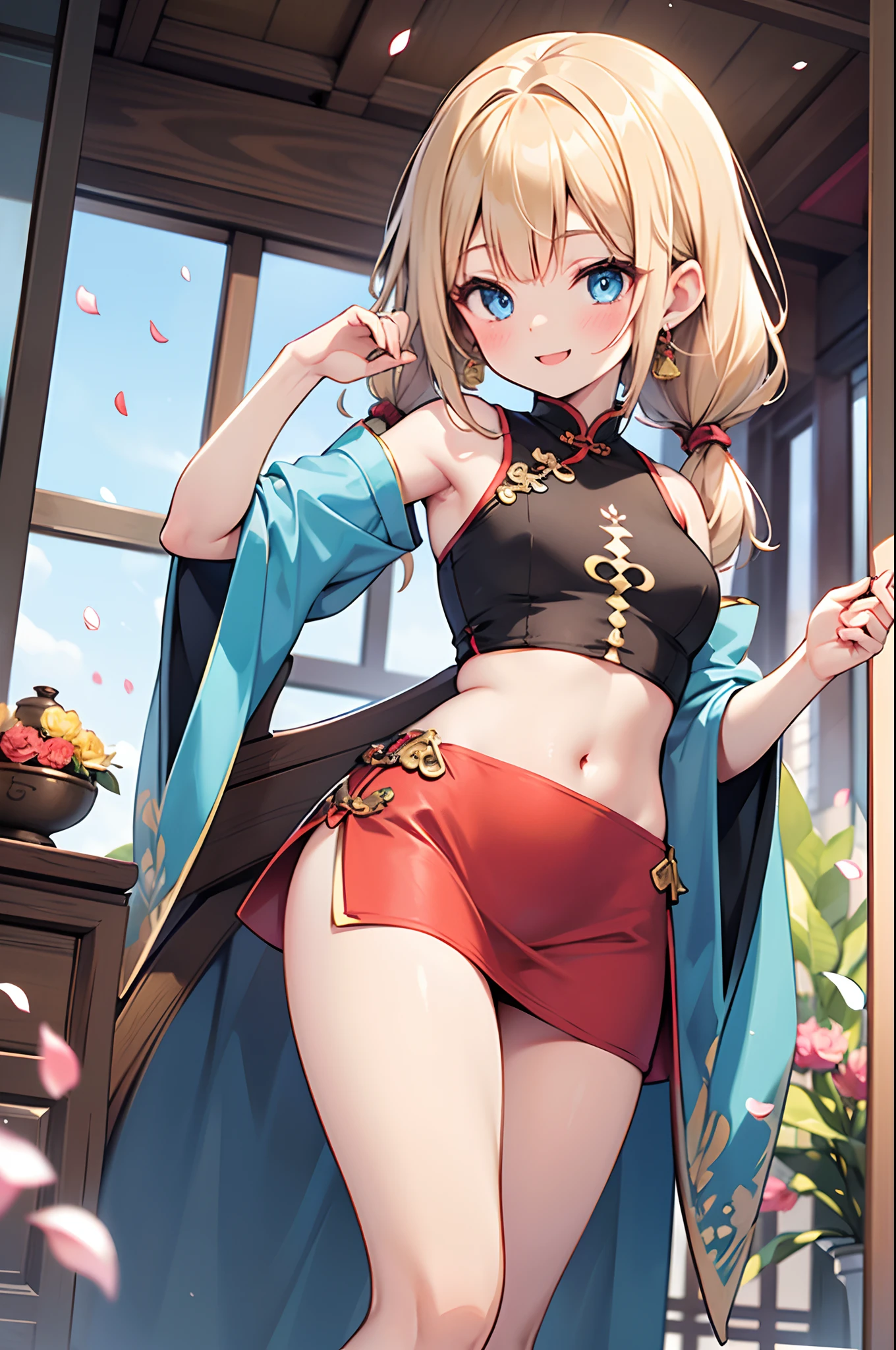 Realistic and detailed image of a girl in a Chinese dress with mini skirt. She has long wavy blonde hair in pigtails. Blue eyes. She has earrings, long eyelashes. she has small breasts, slim waist, very wide hips and thick thighs. smiling, pleased face. With one leg raised, back arched. She is in a Buddhist temple with flower petals falling around her.