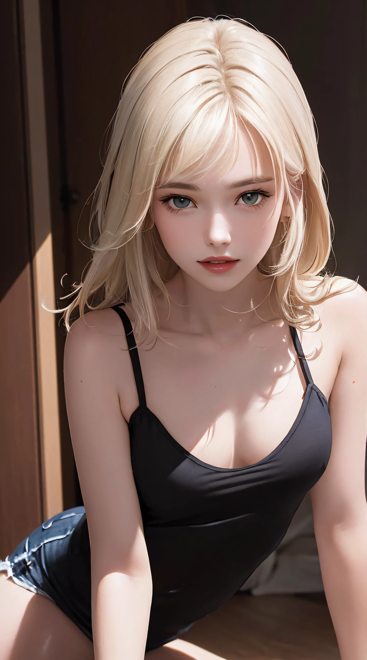 (8K, RAW Photos, of the highest quality, Masterpieces: 1.2), (Realistic, Photorealistic: 1.37), Highest Quality, Ultra High Resolution, focused eyes, light  leaks, Dynamic lighting, Slim and smooth skin, (Full body:1.3), (Soft Saturation: 1.6), (Fair skin: 1.2), (Glossy skin: 1.1), (Oiled skin:1.2), 18 years old, Night, Indoor, Strong morning light from the front,
BREAK,
shiny white blonde, Well-formed, Hair fluttering in the wind, (Close-up shot of face only:1.2), Physically Based Rendering, From multiple angles, (Cute:1.2), Beautiful hair blown in the wind, all-fours, Chest is sheer, Well equipped, Sheer, Transparent, Glittering Gemstones, beautiful body shape, It features a simple,
BREAK,
Hair volume decreases towards the ends of the hair, Beautiful skin without blemishes, (thin white small camisole,,:1.2), Sparkly lips, The air is clear, shiny white blonde hair, Light is coming in from various directions, Hair through strong light, (Erotic:1.3), (Bare chest:1.2), (Small breasts:1.2), Under the breasts, narrowwaist, narrow shoulders, gazing at viewer, Big smile, spring, Bathing,