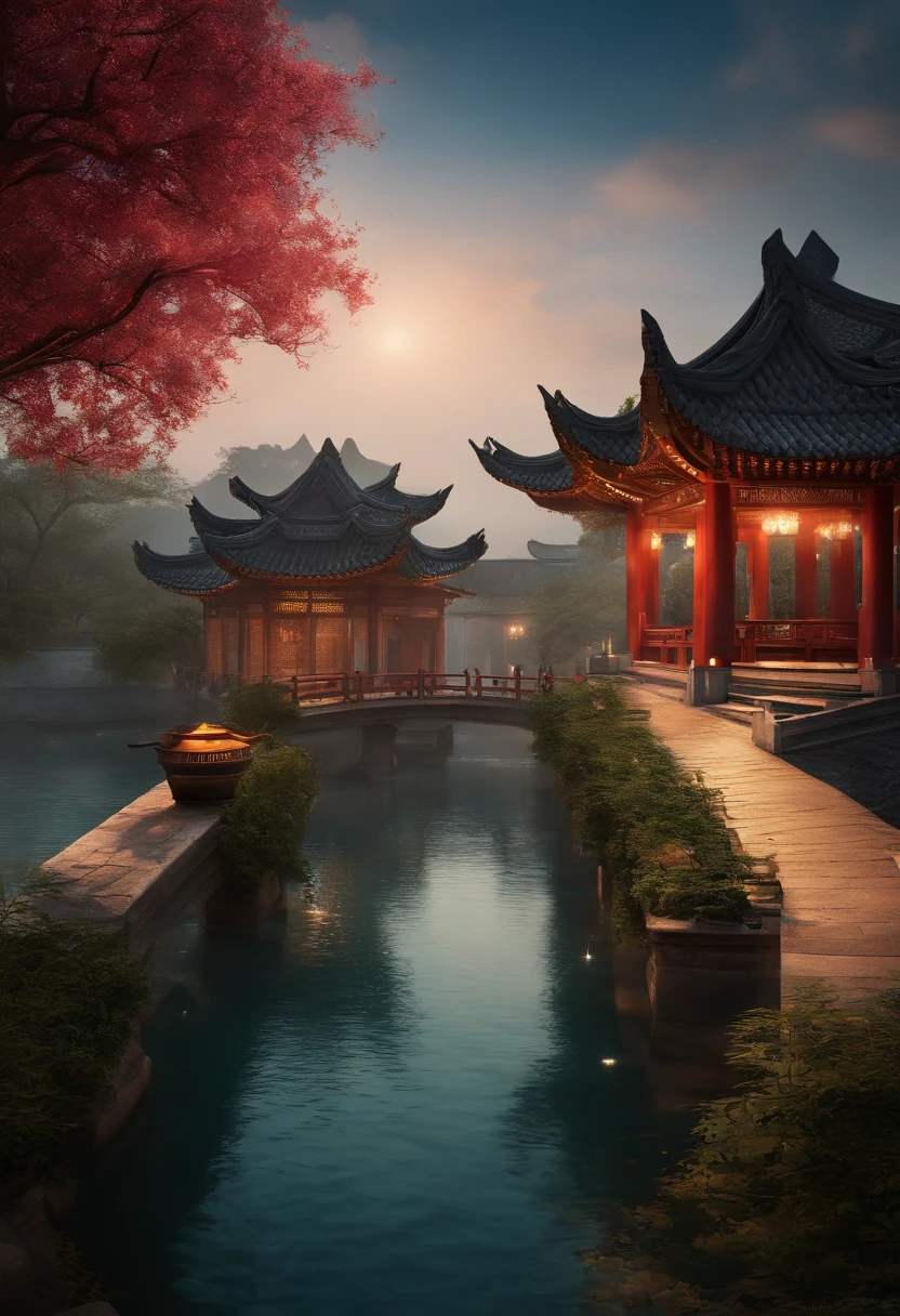 (master part, best quality, illustration, detalhes finos), ((Muito detalhado CG unidade 8k papel de parede, high resolution)), high saturation, Baixo brilho, ConceptArt, ((unmanned)), (Landscape), (small bridge of running water), (Jiangnan Water City), heaven, Noite, (lua cheia), Cloud, ao ar livre, arquitetura, Rio, Jardim Suzhou