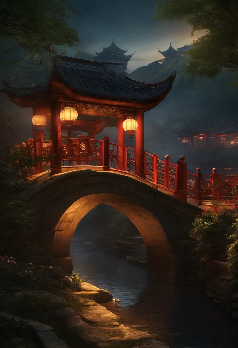 (master part, best quality, illustration, detalhes finos), ((Muito detalhado CG unidade 8k papel de parede, high resolution)), high saturation, Baixo brilho, ConceptArt, ((unmanned)), (Landscape), (small bridge of running water), (Jiangnan Water City), heaven, Noite, (lua cheia), Cloud, ao ar livre, arquitetura, Rio, Jardim Suzhou