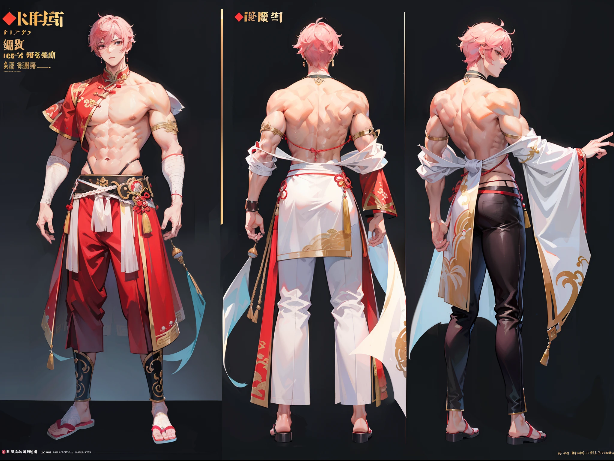 ((masterpiece, best quality)), Detailed face, character design sheet，Whole BodyEsbian, full of details, Physical positivity, Rear view of the body, Very detailed, depth, Many parts, White-haired muscular man，handsome man,  Chinese traditional clothing, Genshin Impact, man tall, chest muscles, abdominal muscles