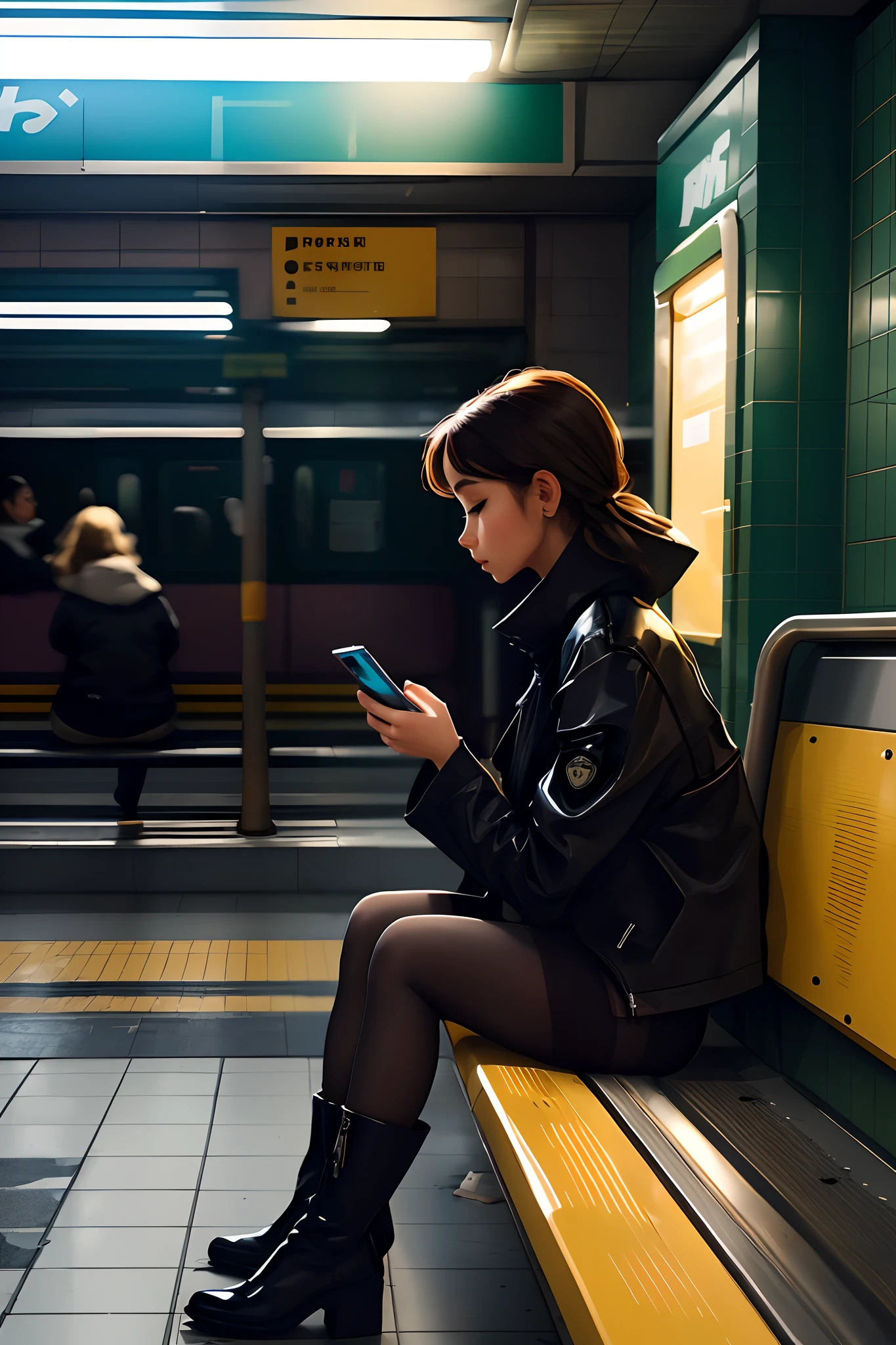 a beautiful girl wearing a black jacket, checking her phone, pantyhose, high boots, shorts, sitting on a bench in a subway station, artifical lights, with a pigeon in the bench, cinematic, draw, perfespective, from the left, profile, masterpiece, best quality, in the style of (samdoesarts)