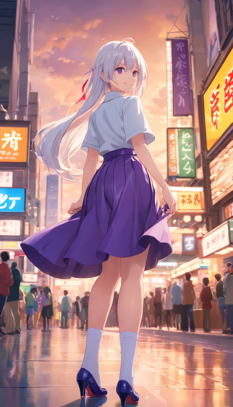 (best quality,4k,8k,highres,masterpiece:1.2),ultra-detailed,(realistic,photorealistic,photo-realistic:1.37),1 girl,long white hair,Heterochromic pupils,smile,Leather full skirt set,Purple stockings,high-heels,Neon Square,wide angles