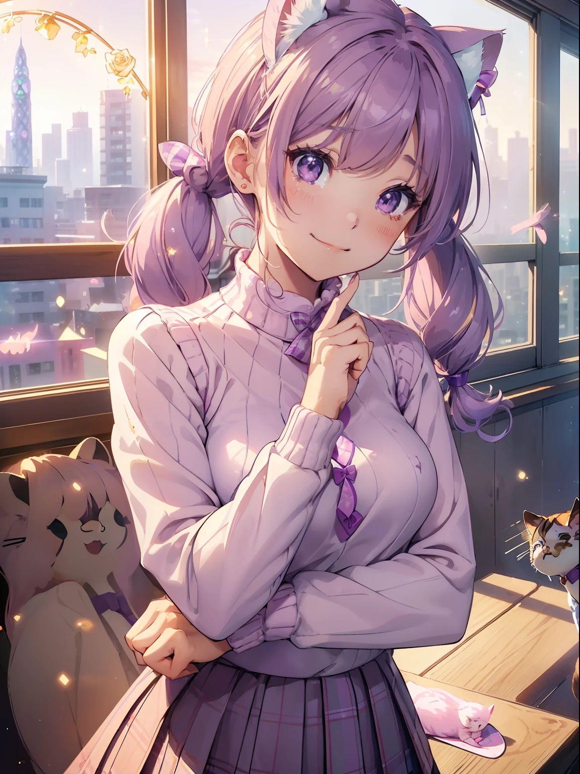masutepiece, High resolution, 8K, anime woman, Delicate and detailed writing 、Detailed digital illustration、(((Straight pigtail)))、Shiny hair、Bangs、a very beautiful woman、Eyes are double, Large, (((Bust is an A cup)))、High image quality, High quality、Detailed background、The inside of the eye shines like a diamond、Light purple hair、Gradient pupil、(((2 arms、4 fingers, 1 thumb)))、Detailed female face、Very beautiful and cute woman、、细致背景、​masterpiece、Soft Focus , Bright gradient watercolor , Lens Flare , (((Glitter))) , Glow , Dreamy , Light Purple Ribbon、(((Very Beautiful Light Purple Rose Hair Accessories)))、Full smile、(((Face Close-up)、(((Winding check stall))) 、(School Uniforms:1.2), (wearing a light pink knitted sweater over a white shirt,,,,,,,:1.3), (Plaid pleated skirt:1.3),(((Foreign-style cityscape(((1girl in,1cat)))1girl in,1cat)))
