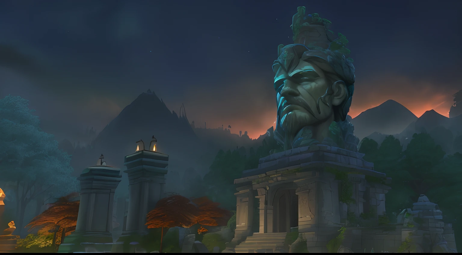 ((masterpiece)), (8k, high_resolution), (best quality), ultra-detailed, beautiful plants and trees, detailed forest,there is a very tall tower with a stone face sculpture, world of warcraft screenshot, lothlorien at night, giant head statue ruins, beautiful screenshot, detailed screenshot, glowing temple in the distance, mysterious temple setting, giant gold head statue ruins, by Kieran Yanner, kings row in the background, stunning screenshot, at dusk!, dusk setting
