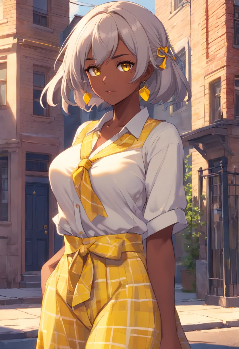 Dark-skinned Arab girl with yellow eyes, large breasts, strong, athletic, fit, great abs, white hair tied with a yellow ribbon. Wears yellow plaid shirt tied, lots of gold jewelry and navel piercing. She is standing in front of a Victorian greystone row house in Chicago.