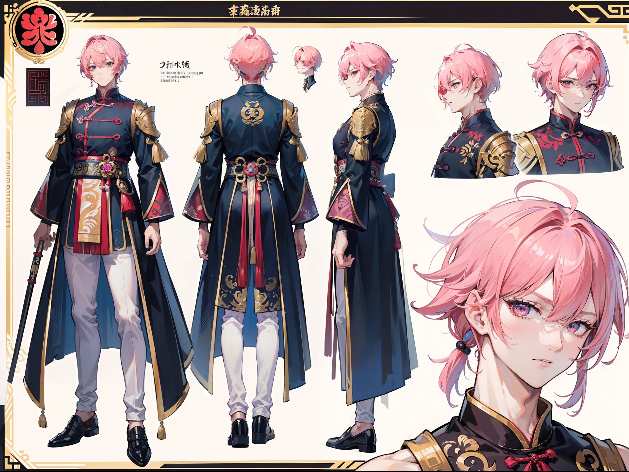 ((Masterpiece, Highest quality)), Male, boy, Detailed face, character design sheet, full bodyesbian, Full of details, frontal body view, back body view, Highly detailed, Depth, Many parts, Muscle boy with pink hair,handsome man, Traditional chinese clothes, Genshin Impact, man tall