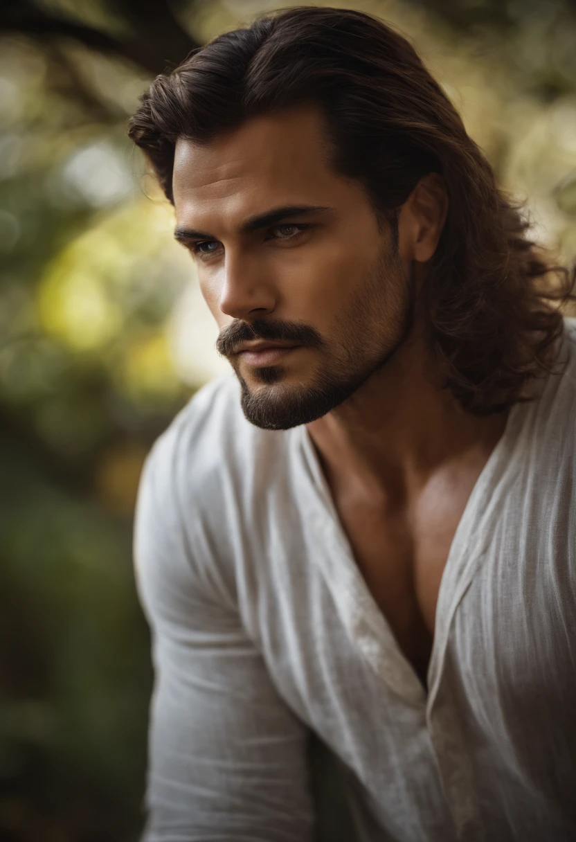 homem forte e alto, cabelo liso e preso.