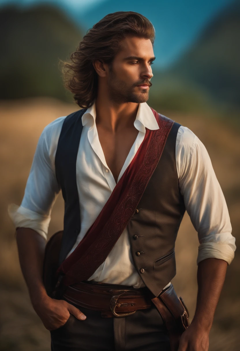 homem forte e alto, cabelo liso e preso.