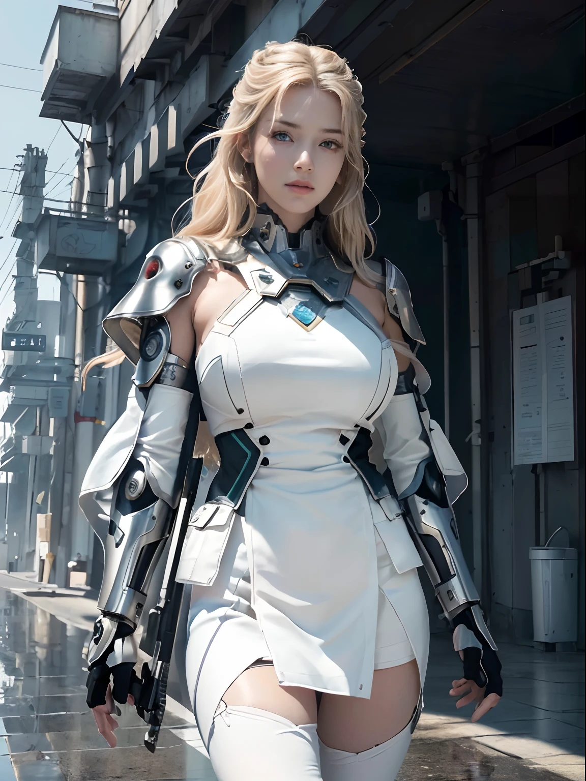 NSFW, Masterpiece, Best Quality, Cinema, Official Art, Propaganda Art, Cinema Wallpaper, Very Detailed CG Unified 4k Wallpaper, Intricate Details, White Background, Upper Body, Facial Focus, Concept Art, Production Art, ( , highres, (realistic, photo-realistic:1.2), physically-based rendering, machinery, reflection, realistic, cyberpunk, symmetric front view close up head shot eyes symmetry face very sharp focus realistic award winning matte drawing movie light 1 boy, mecha, (Illustration: 1.1), slender, big breasts, fair skin, delicate face, king robe, shine, tights, (long blonde hair), green eyes, battlefield, chip, shine, long sword