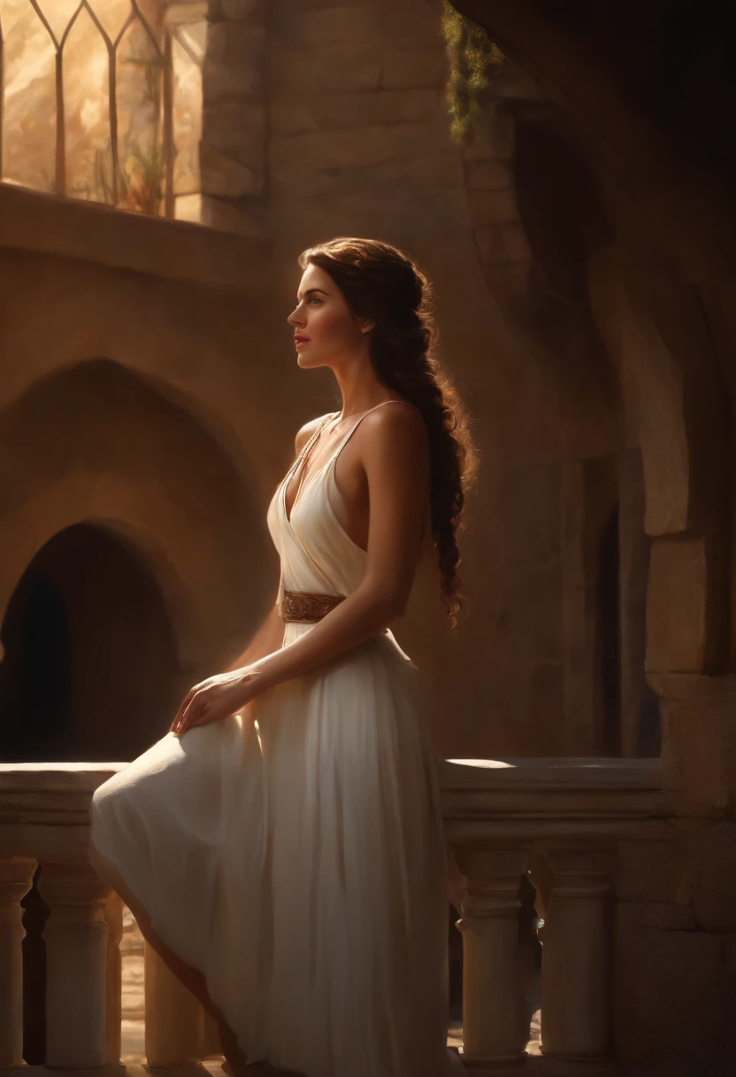 oil painting of (Koh_EmíliaClarke), (cabelos longos:1.1), (Standing on a balcony), (white tunic:1.1), coxas perfeitas, (Castelo de Game of Thrones ao fundo:1.2), Atmospheric Illumination, cinematic composition, arte conceitual, digital illustation, circunstanciado, Arte de Brian M Viveros e Maciej Kuciara e Mark Keathley, luz natural, 4k, alto detalhe, ((olhos perfeitos)), (alunos detalhados), mal iluminado, (cabelos brancos:1.3)