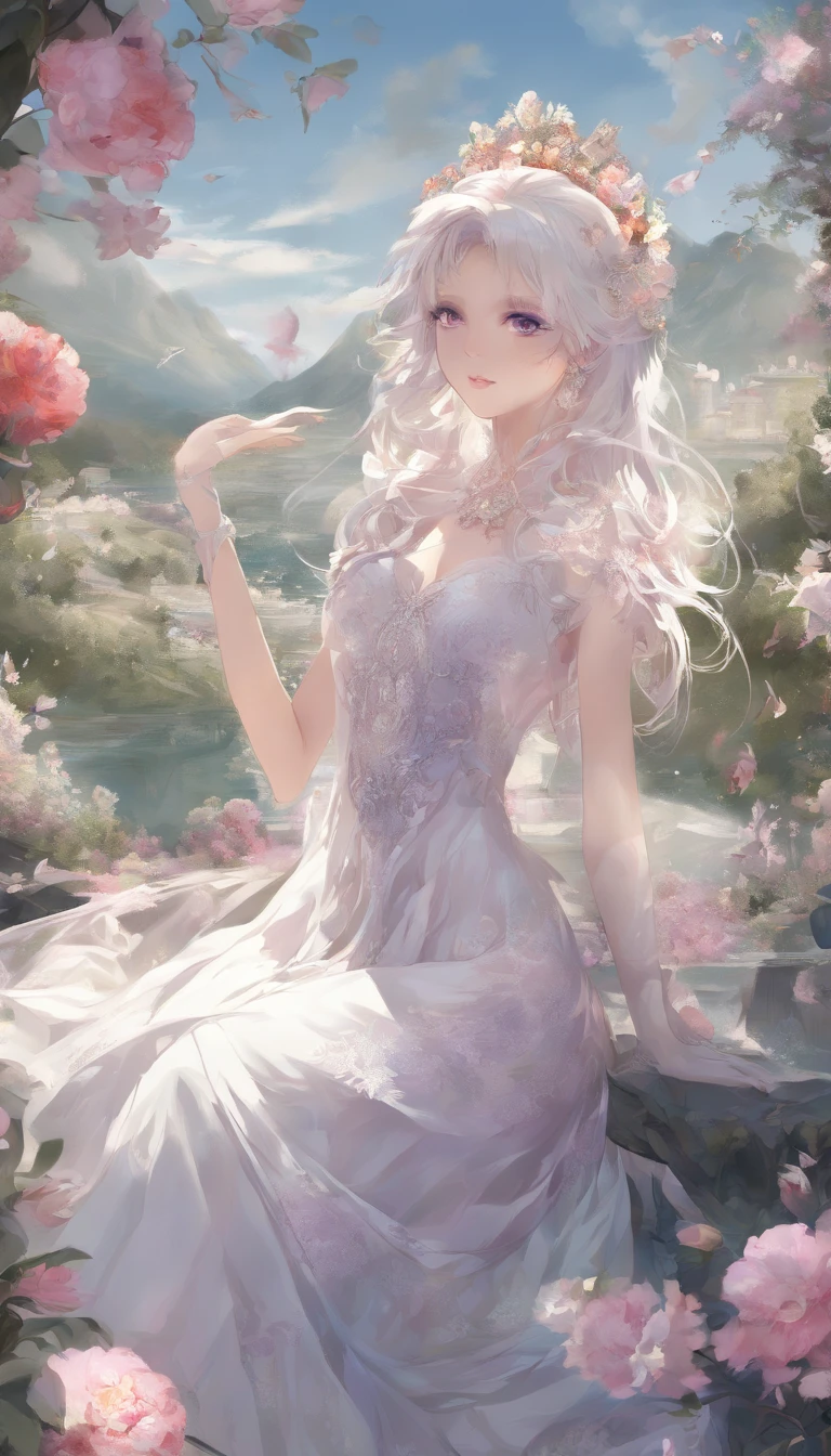 (best quality,4k,8k,highres,masterpiece:1.2), ultra-detailed, (realistic,photorealistic,photo-realistic:1.37), 1 girl, long white hair, Heterochromic pupils, Long legs, Princess set, head looking up, cheerfulness, Purple stockings, chies, stately, wide angles, oil painting, lush garden scenery, soft sunlight, vibrant flowers, delicate details, elegant clouds, intricate lace patterns, graceful posture, vivid expression, flowing dress, dreamy atmosphere, smooth brushstrokes, lively colors.