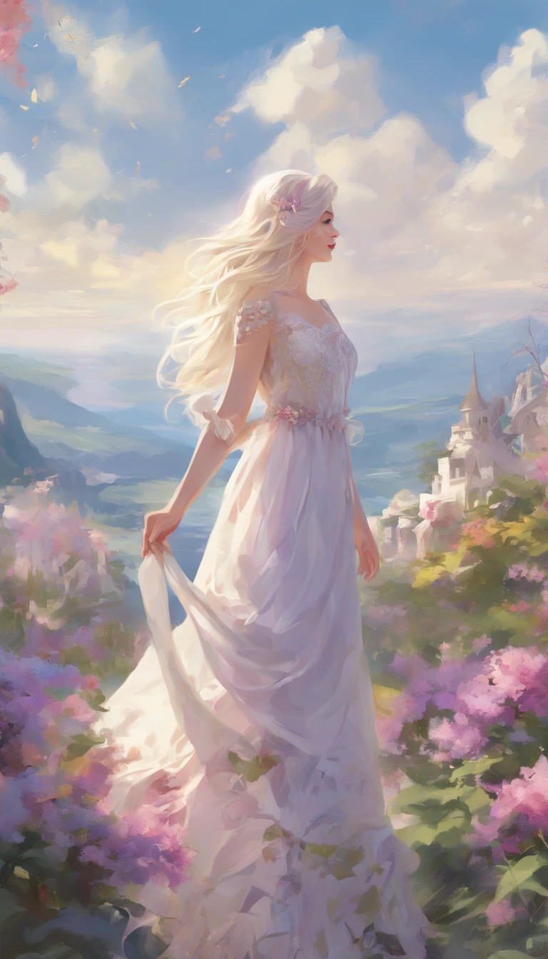 (best quality,4k,8k,highres,masterpiece:1.2), ultra-detailed, (realistic,photorealistic,photo-realistic:1.37), 1 girl, long white hair, Heterochromic pupils, Long legs, Princess set, head looking up, cheerfulness, Purple stockings, chies, stately, wide angles, oil painting, lush garden scenery, soft sunlight, vibrant flowers, delicate details, elegant clouds, intricate lace patterns, graceful posture, vivid expression, flowing dress, dreamy atmosphere, smooth brushstrokes, lively colors.