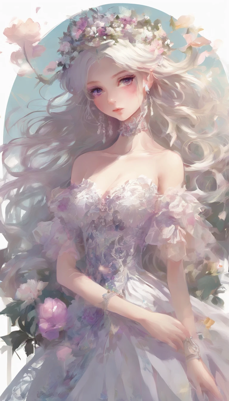 (best quality,4k,8k,highres,masterpiece:1.2), ultra-detailed, (realistic,photorealistic,photo-realistic:1.37), 1 girl, long white hair, Heterochromic pupils, Long legs, Princess set, head looking up, cheerfulness, Purple stockings, chies, stately, wide angles, oil painting, lush garden scenery, soft sunlight, vibrant flowers, delicate details, elegant clouds, intricate lace patterns, graceful posture, vivid expression, flowing dress, dreamy atmosphere, smooth brushstrokes, lively colors.