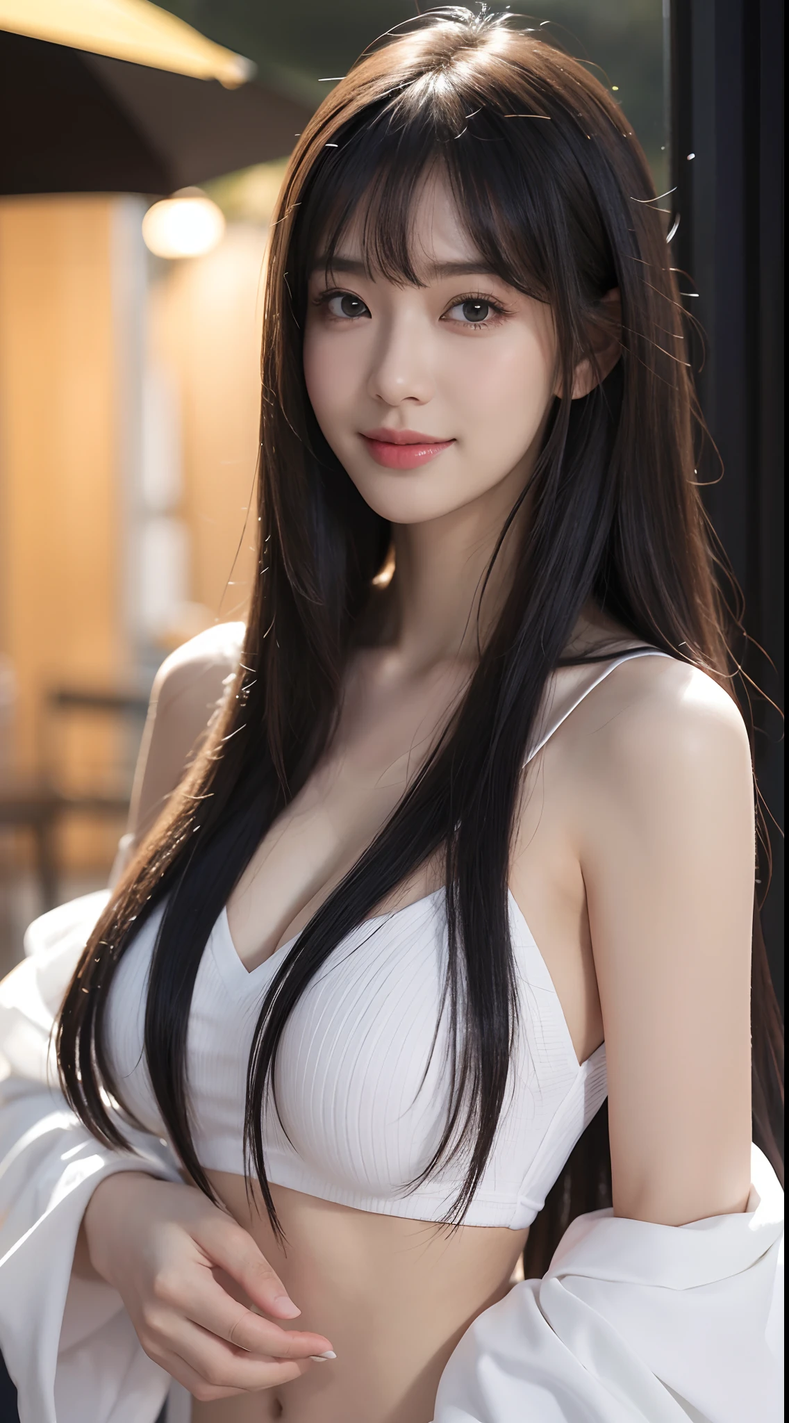 (Hyper-realistic) , (illustratio), (Increase the resolution), (8K), (extremely detaile), (Most Best Illustration), (美丽细致的眼睛), (best qualtiy), (ultra - detailed), (tmasterpiece), ( the wallpaper), (详细的脸), full bodyesbian,1个Giant Breast Girl, 1 hand grasps the chest,Smile,looking at viewert, exquisite detailing, 详细的脸, cropped shoulders,in the darkness nigth, deep shading, low tune,pureerosfaceace_V1, ssmile,long whitr hair,Black shawl straight hair,46 points oblique bangs