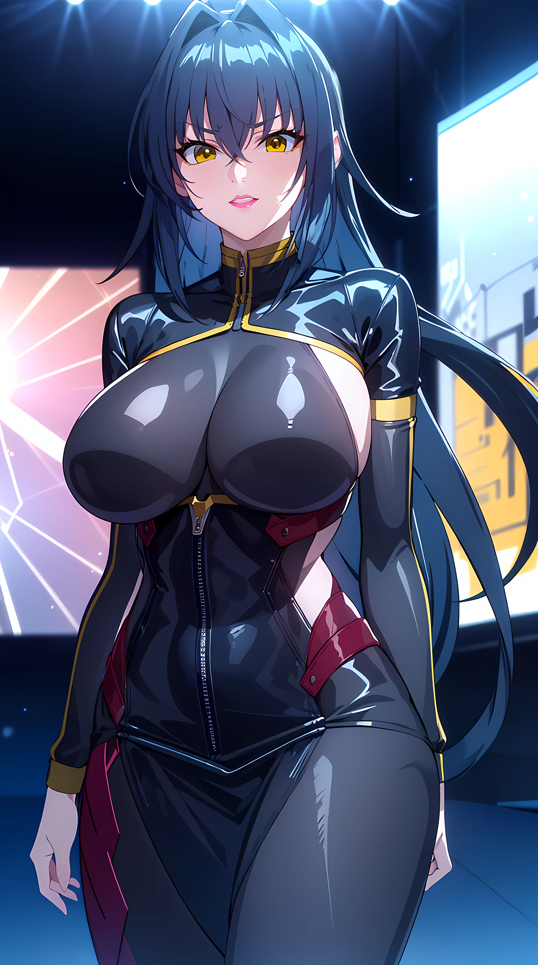 professional artwork, Intricate Details, field of view, sharp focus, detailed painting, photorealistic lighting, trending on pixiv, (masterpiece:1.0),(best_quality:1.0), ultra high res,4K,ultra-detailed, photography, 8K, HDR, highres, absurdres:1.2, Kodak portra 400, film grain, blurry background, bokeh:1.2, lens flare, (vibrant_color:1.2),
(Annerose:1), 1girl, female mature, black hair, long hair, yellow eyes, large breasts, bodysuit, higheels, shiny clothes, skin tight, hair intakes, covered breasts,
simple background, (solo:1.5),