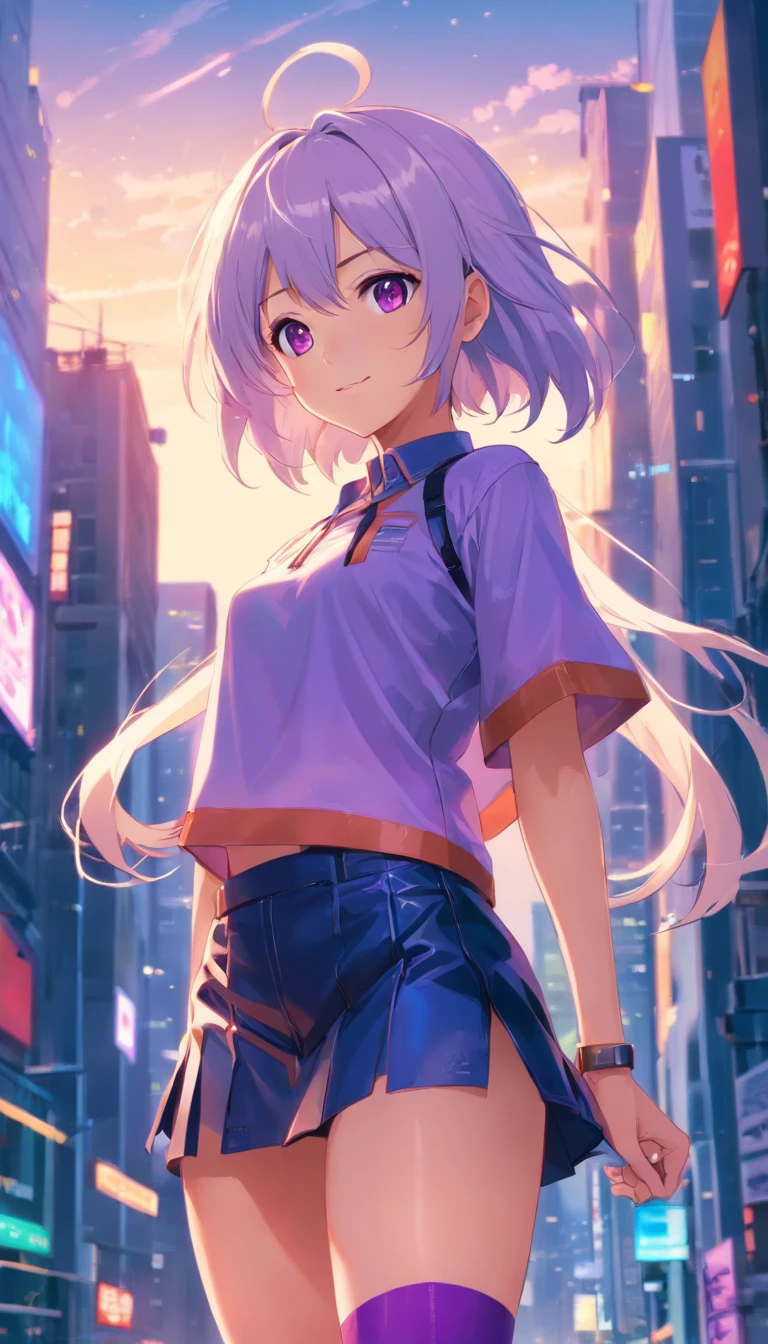 best qualtiy， tmasterpiece， 超高分辨率， realisticlying， 1 girl，（long  white hair），Heterochromic pupils，（ssmile）（Skinny leather top，Leather hip skirt），Purple stockings，Neon Square，wide angles