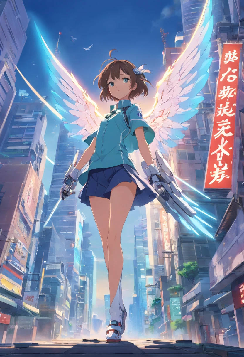 From Side、top-quality、ighly detailed、masterpiece、ultra-detailliert、illustratio、((1girl in))、silber hair、length hair、Floating hair、Exoskeleton tights、mechs、Cyber City、Neon building、(The upper part of the body:1.05)、extremely_Detailed_Eyes_And_Face,cybernetic wings、mechanical wing、Fighting stance、Skyscraper、、mecha musume、shrine maiden
