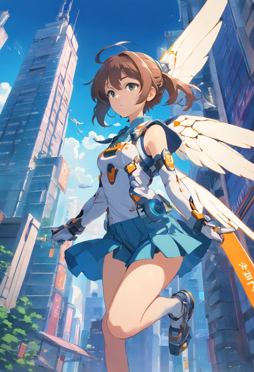 From Side、top-quality、ighly detailed、masterpiece、ultra-detailliert、illustratio、((1girl in))、silber hair、length hair、Floating hair、Exoskeleton tights、mechs、Cyber City、Neon building、(The upper part of the body:1.05)、extremely_Detailed_Eyes_And_Face,cybernetic wings、mechanical wing、Fighting stance、Skyscraper、、mecha musume、shrine maiden