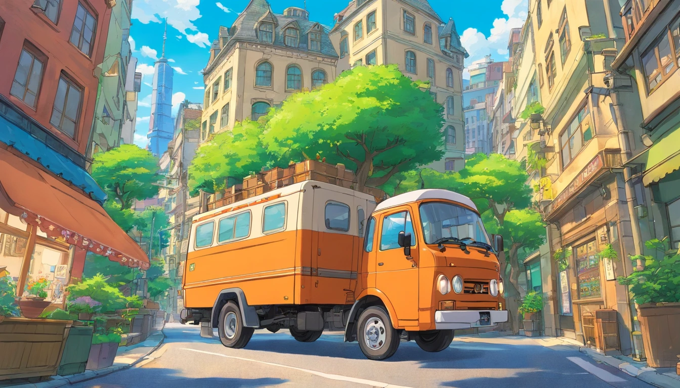 Truck driving through the office district、 Pen drawing