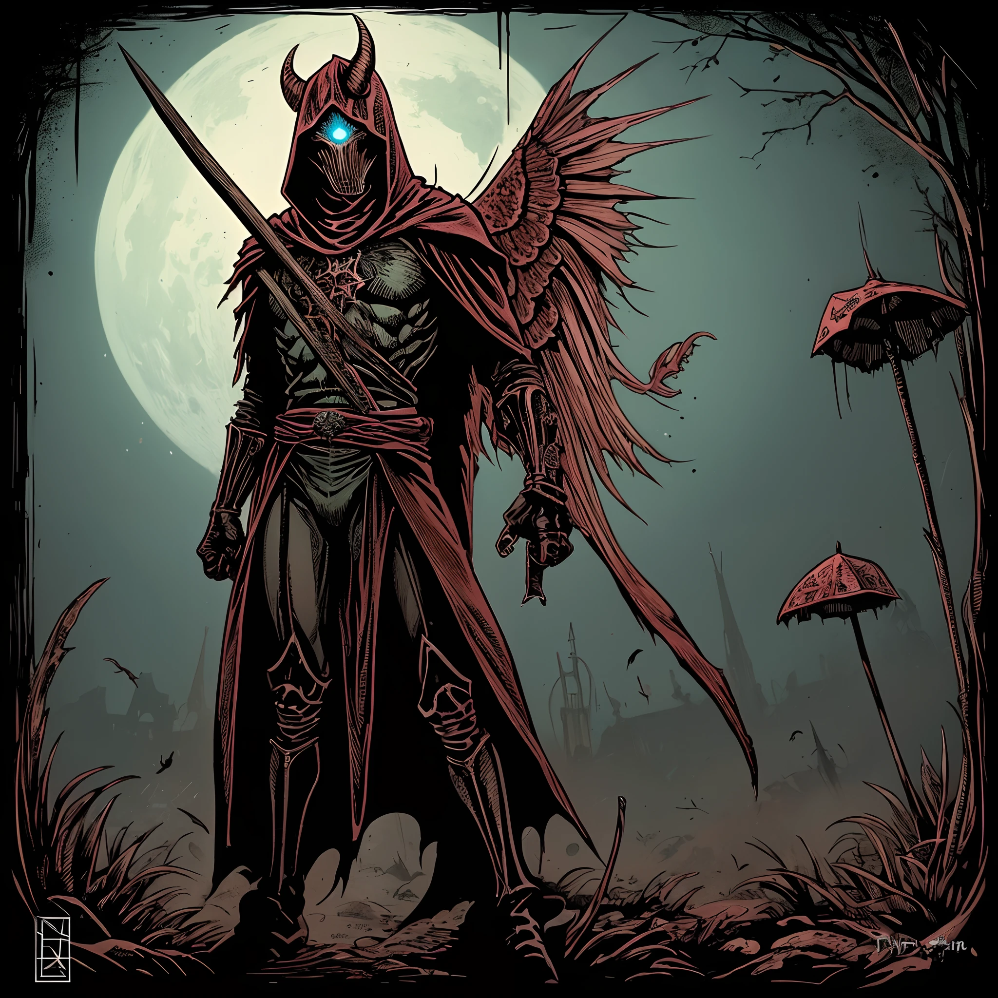 A drawing of a single skeleton dressed as a wizard holding a giant clenched machete , espantalho masculino poderoso, diagramas transportados pelo sangue, arte conceitual de fantasia espiritual, Estilo Bloodborne, chefe de sangue, muscular eldritch clockwork, monstro transportado por sangue, Fantasia Grimdark Steampunk, corpo-horror, Scuta, Corpo - Horror, arte conceitual detalhada de corpo inteiro, A Boneca do Feiticeiro