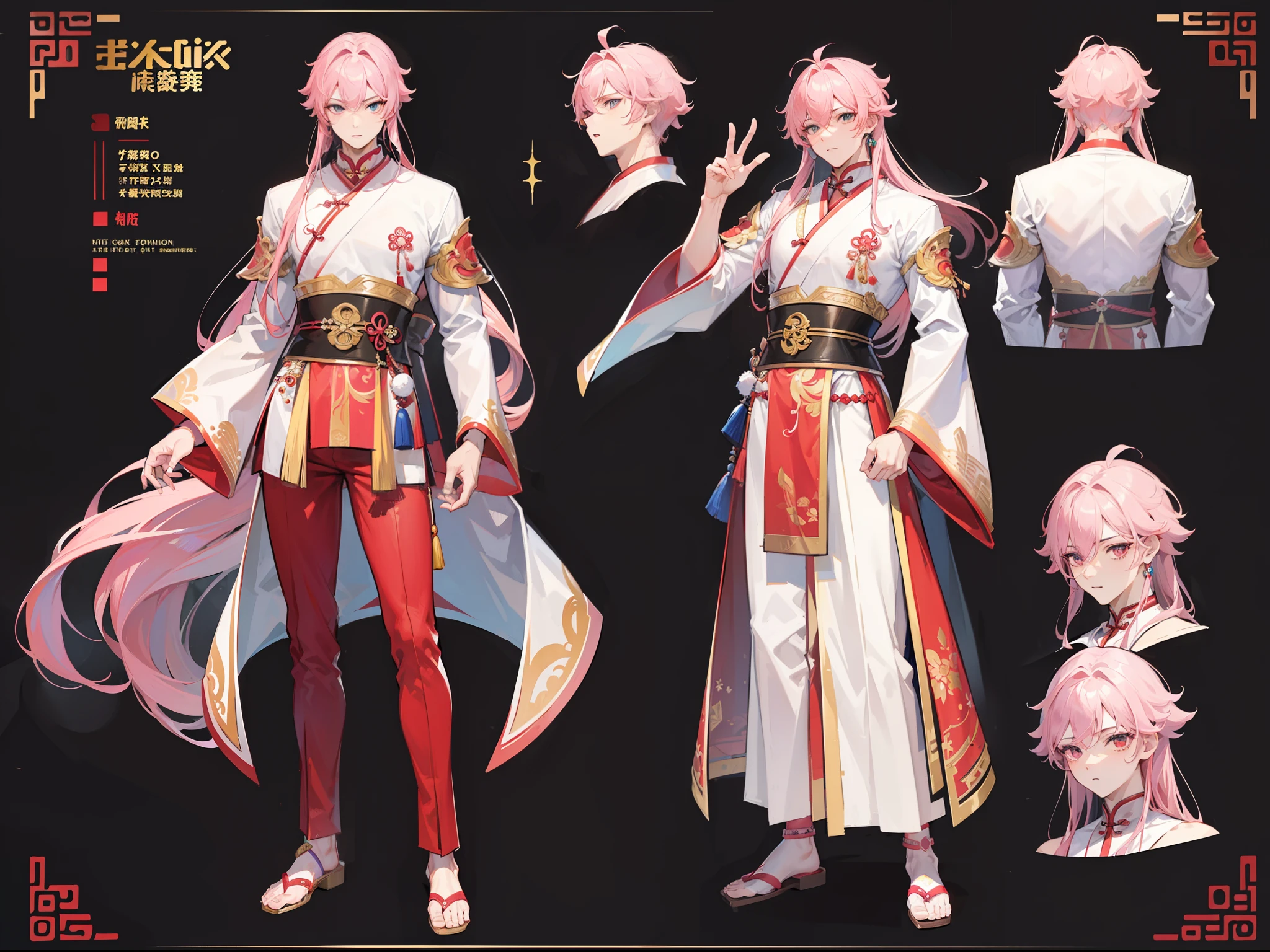 ((Masterpiece, Highest quality)), Male, boy, Detailed face, character design sheet，full body esbian, Full of details, frontal body view, back body view, Highly detailed, Depth, Many parts, Muscle boy with long pink hair，handsome man,  Traditional chinese clothes, Genshin Impact, man tall, pectoral muscles, abs