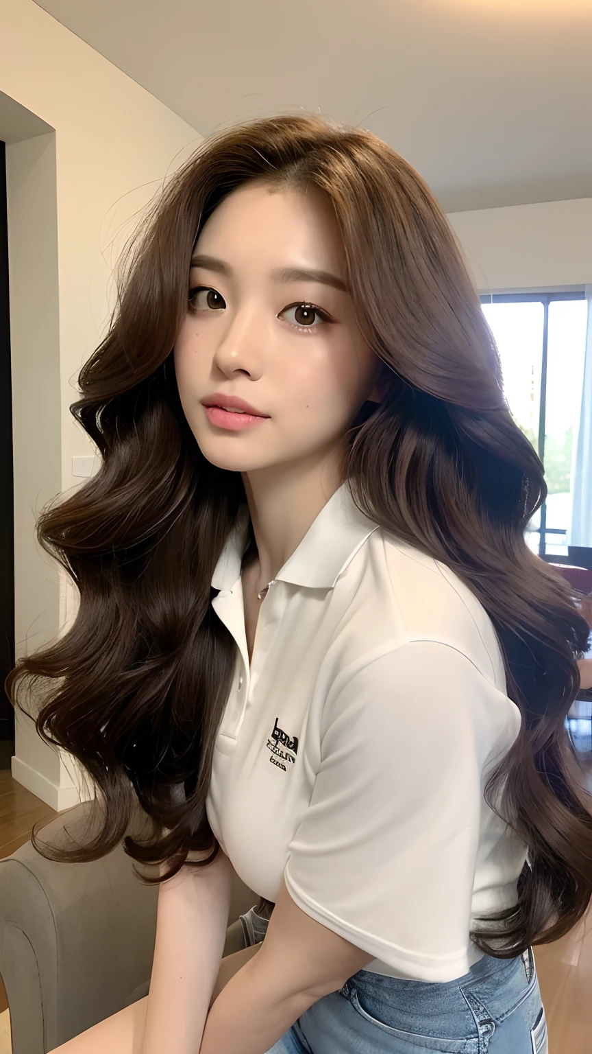 ((best qualtiy, 8K, tmasterpiece:1.3)), Focus:1.2, perfect figure beautiful woman:1.4, Cocked buttocks:1.2, ((Random Long Thick Diva Hairstyle) ((Brown Wavy Hair In Big Curls))(Long white legs:1.3,(Polo shirt With Jean Shorts:1.2) , (inside in room: 1.2), Highly detailed facial and skin texture, A detailed eye, 二重まぶた,Whiten skin,(Straight big breasts:1.3), looking at camera, Wear a necklace,
