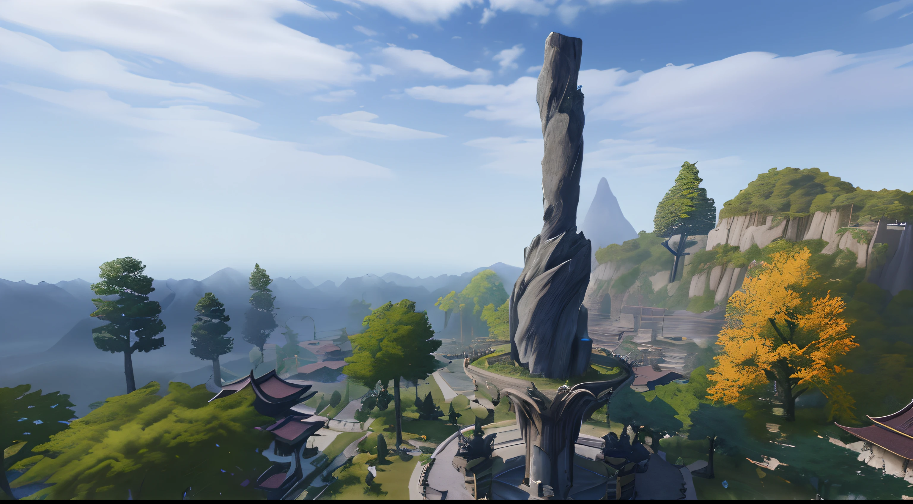 ((masterpiece)), (8k, high_resolution), (best quality), ultra-detailed, beautiful plants and trees, detailed forest,there is a tall pole in the middle of a small town, beautiful screenshot, mage tower far away, stunning screenshot, detailed screenshot, <mmorpgs scene, mmo, zenithal view, pc screenshot, ingame image, tamriel, longspear, imperial city in the distance, inspired by Sheng Maoye, high quality screenshot, untethered stelae