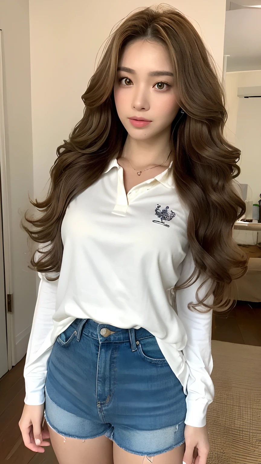 ((best qualtiy, 8K, tmasterpiece:1.3)), Focus:1.2, perfect figure beautiful woman:1.4, Cocked buttocks:1.2, ((Random Long Thick Diva Hairstyle) ((Brown Wavy Hair In Big Curls))（Long white legs：1.3，(Polo shirt With Jean Shorts:1.2) , (inside in room: 1.2), Highly detailed facial and skin texture, A detailed eye, 二重まぶた，Whiten skin，（Straight big breasts：1.3), looking at camera, Wear a necklace，