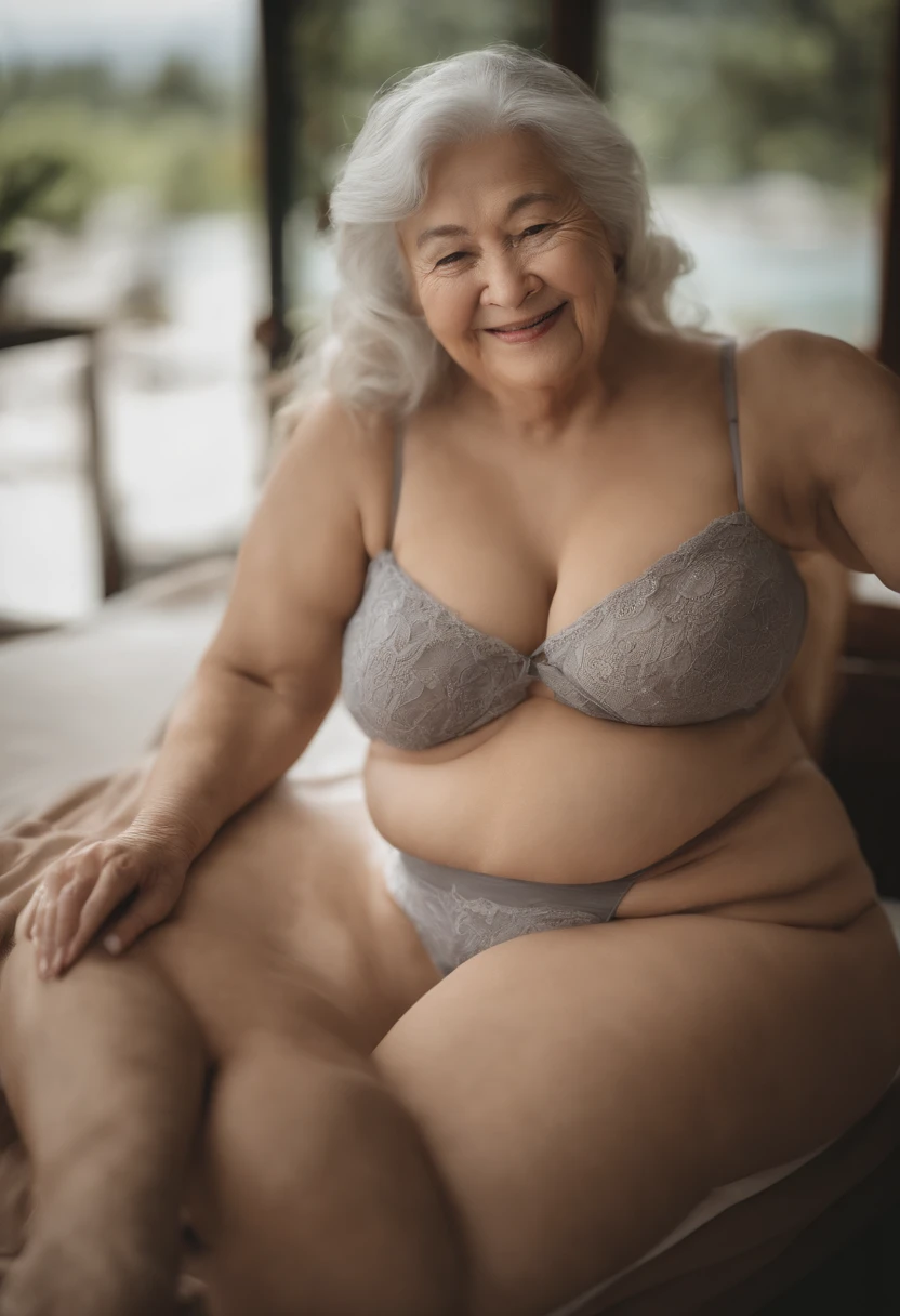 Mature and attractive woman、3 people、bbw、an lingerie、large boob、A smile、masterpiece、top-quality、(((old women)))、70 generations、grandmather、white hair、Gray hair、Elderly women、Alone、4K、smil、undergarment、Sexy Shots、Colossal tits、large full breasts、Women with wrinkles around their eyes、Wrinkles on the skin of the whole body、wrinkled body、Wrinkled wrists、a bed、FULL BODYSHOT、Photograph the whole body、All different faces