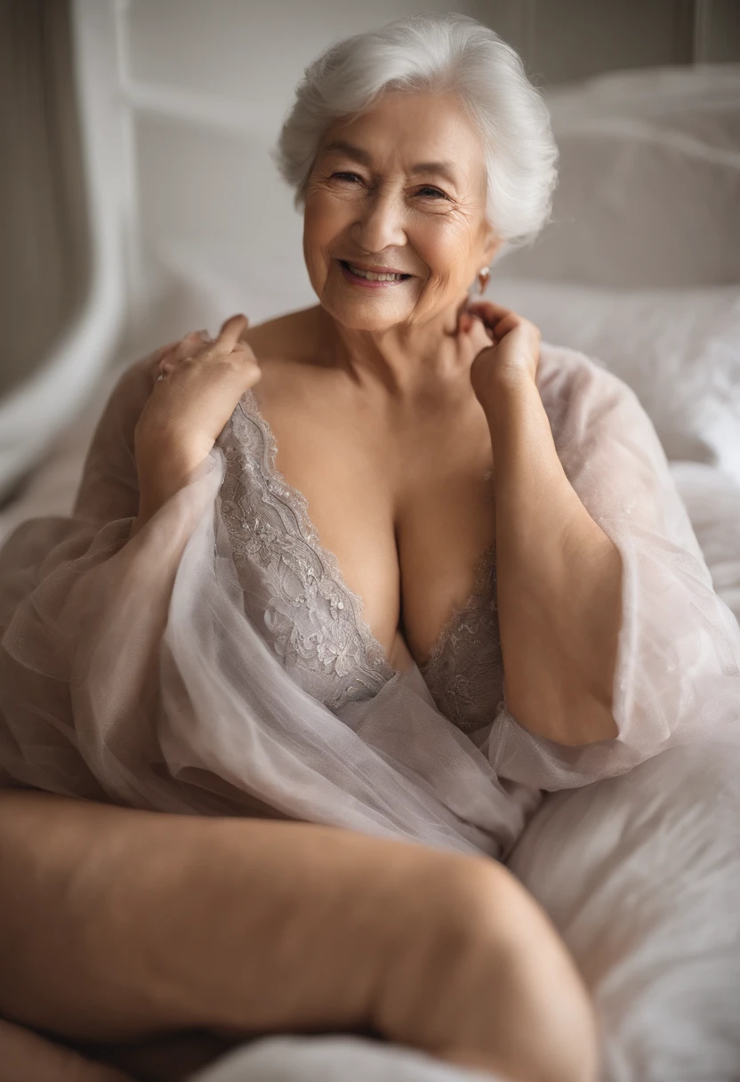 Mature and attractive woman、3 people、bbw、an lingerie、large boob、A smile、masterpiece、top-quality、(((old women)))、70 generations、grandmather、white hair、Gray hair、Elderly women、Alone、4K、smil、undergarment、Sexy Shots、Colossal tits、large full breasts、Women with wrinkles around their eyes、Wrinkles on the skin of the whole body、wrinkled body、Wrinkled wrists、a bed、FULL BODYSHOT、Photograph the whole body、All different faces
